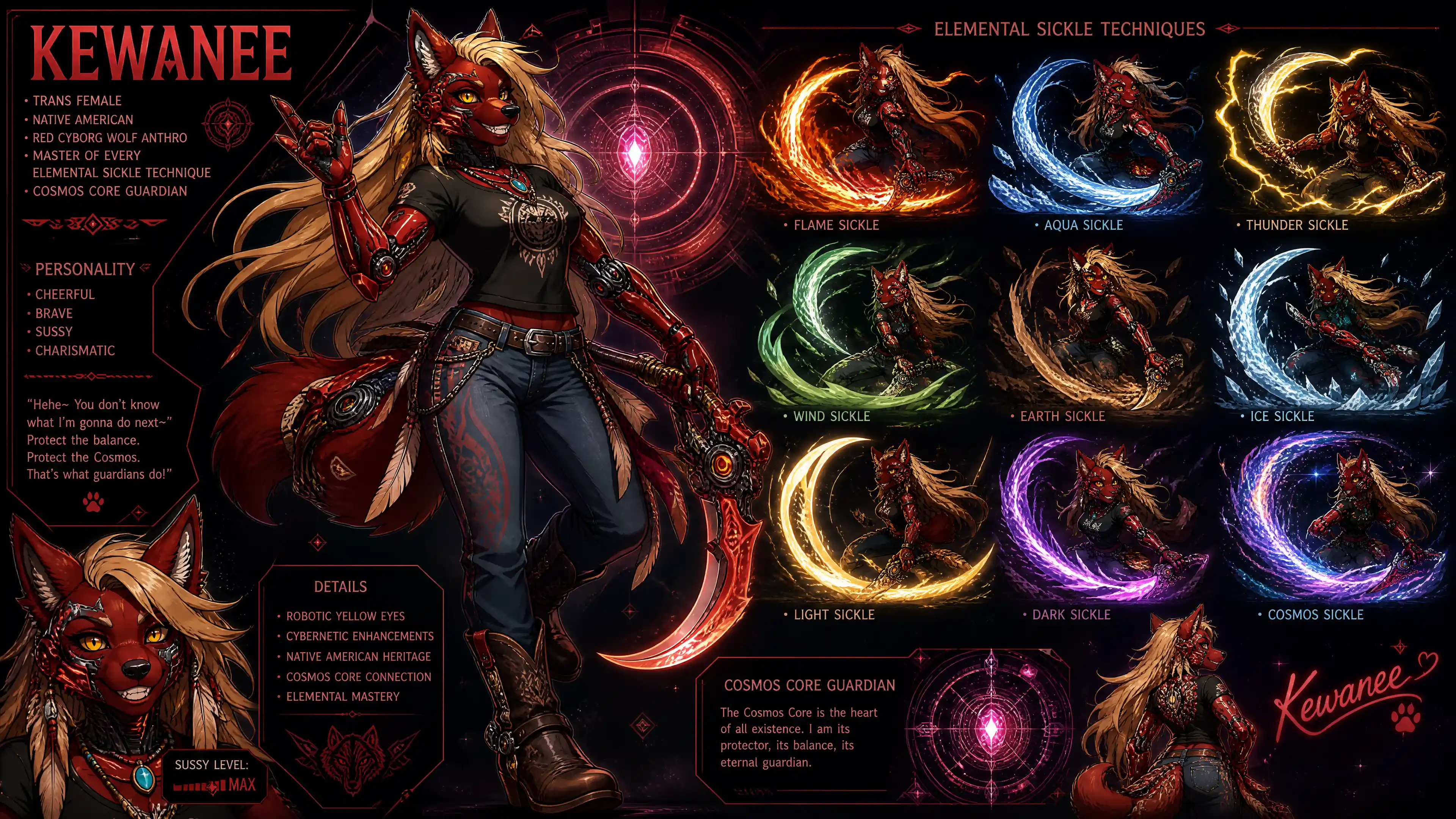 Cheerful anthro cyborg wolf guardian with flowing gold hair