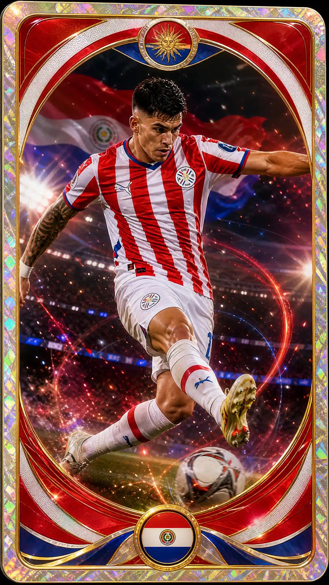 Holographic football card with Paraguay star in action
