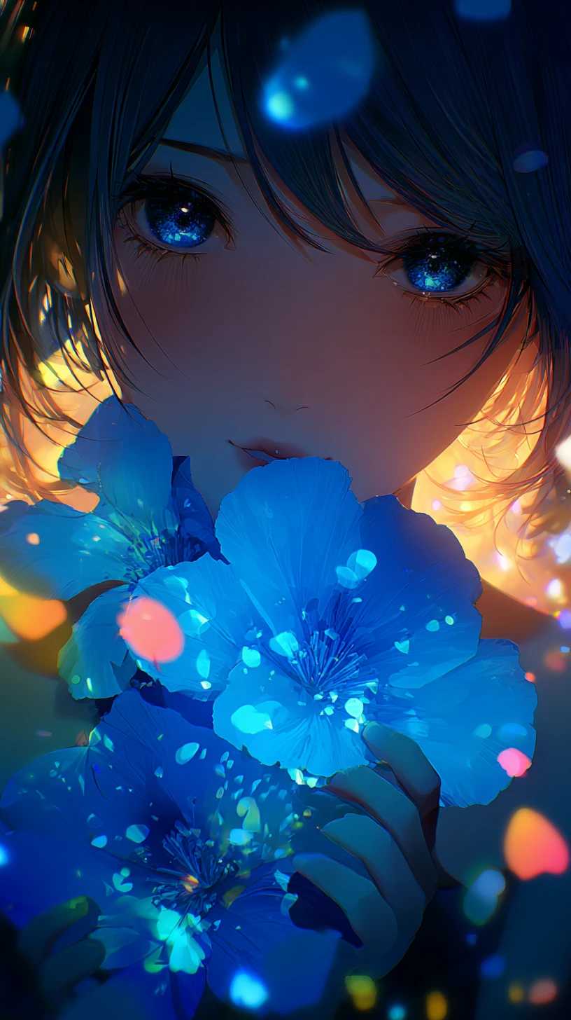 夢幻的な光の中で青く輝く花を持つアニメ少女