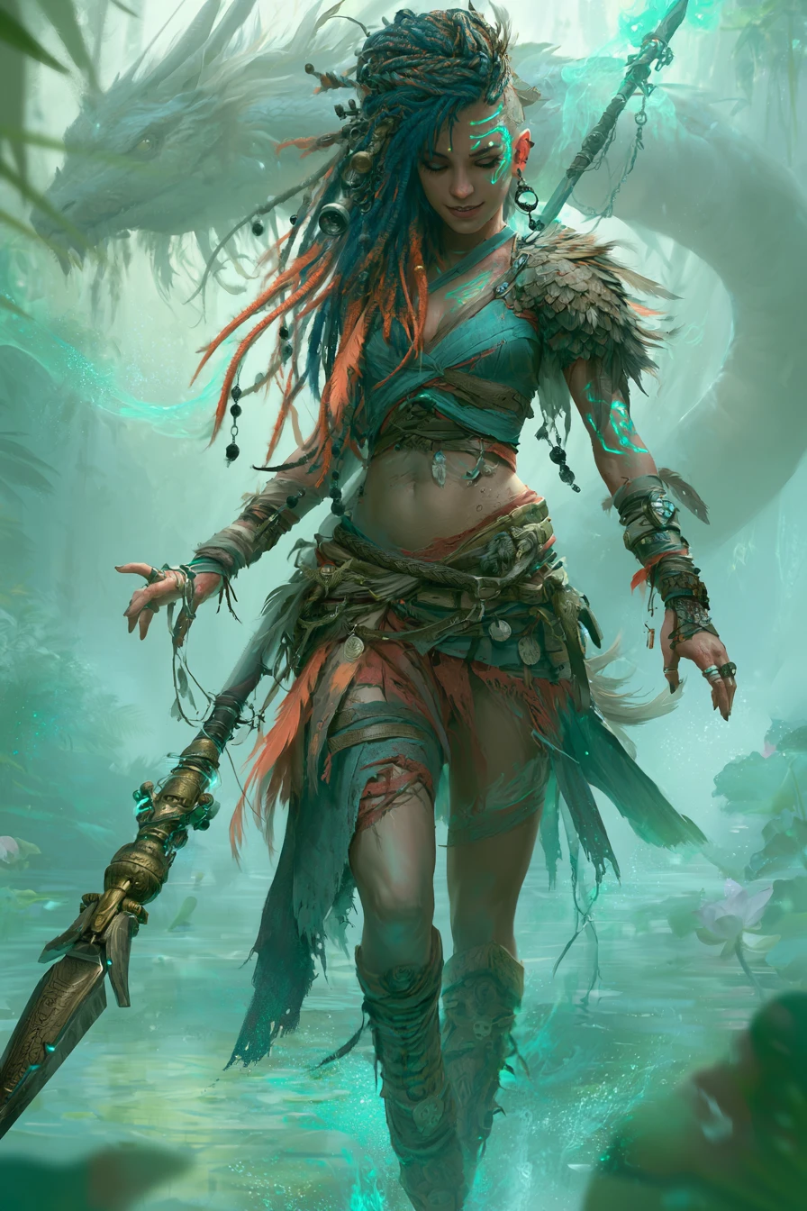 Floating tribal huntress above a misty jungle river