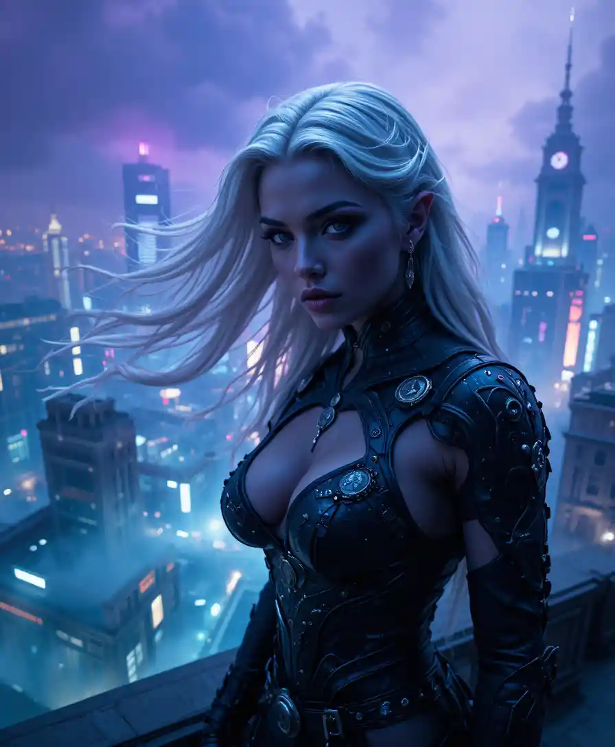 Dark elf assassin on gothic rooftop above neon city
