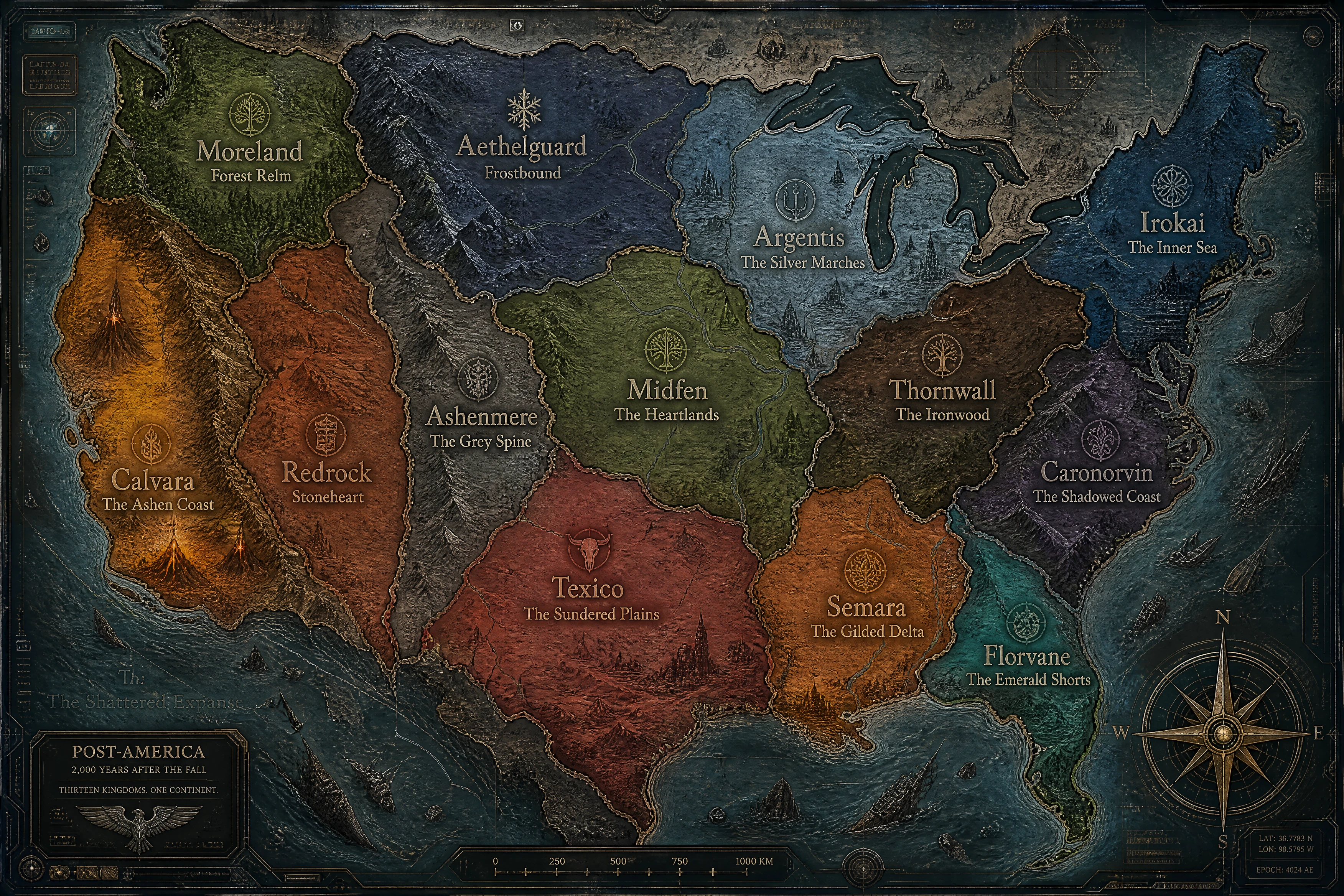 Hand drawn fantasy map of post apocalyptic North America