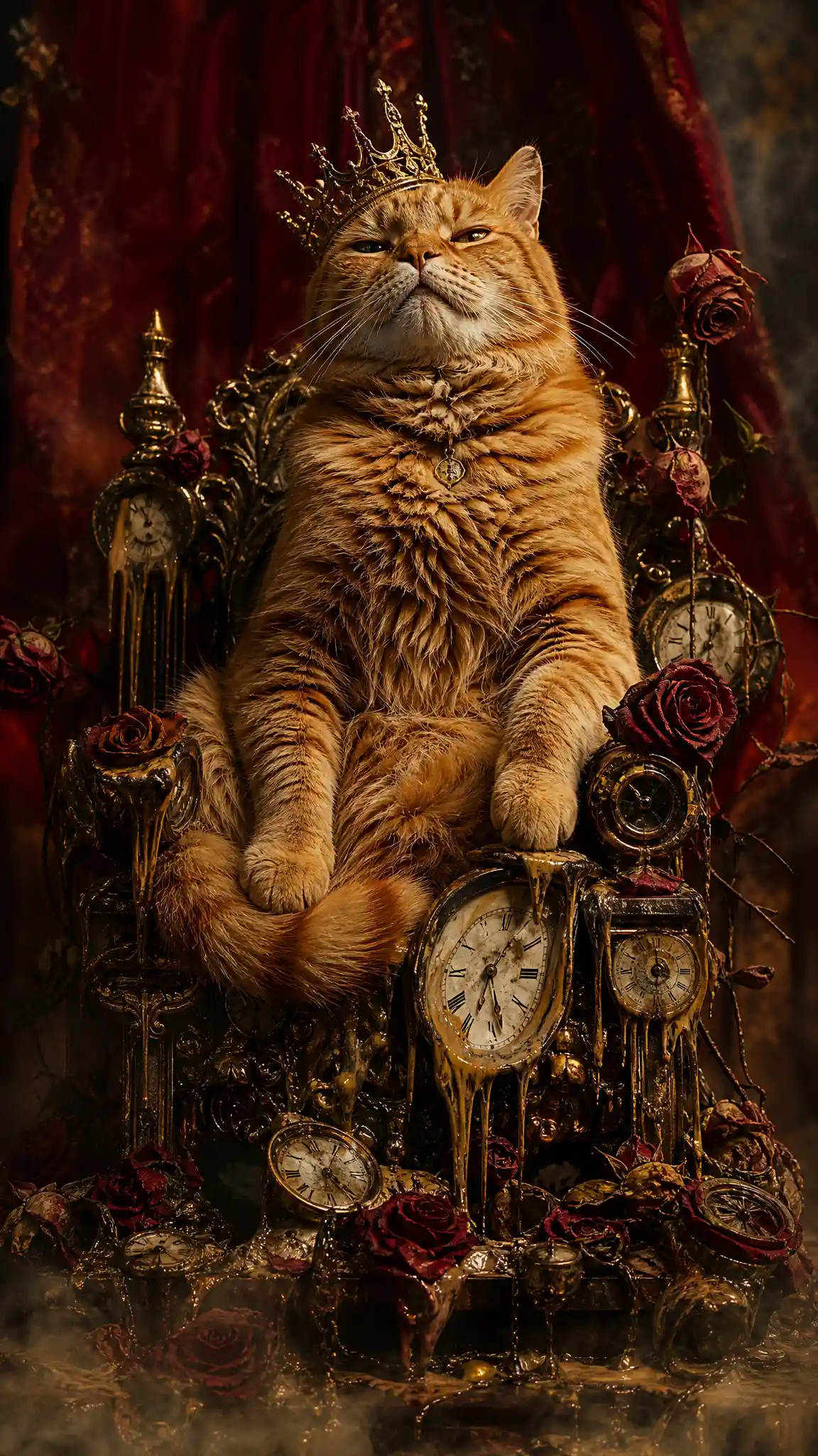 Surreal regal cat portrait on a throne of melting clocks