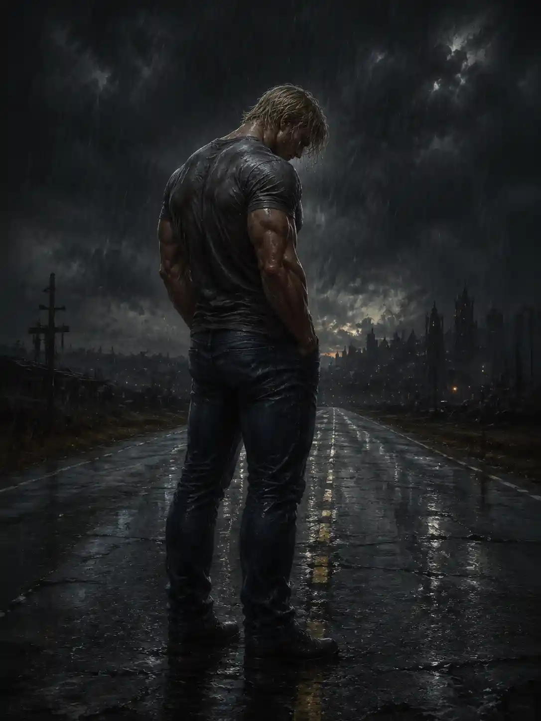 Hopeless muscular man standing alone on a rainy street