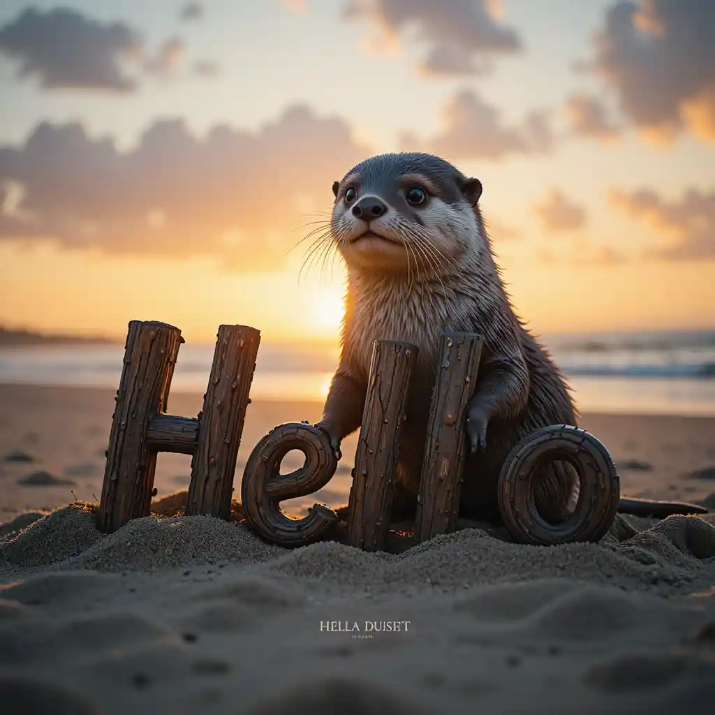 Cute baby otter on beach at golden hour sunset