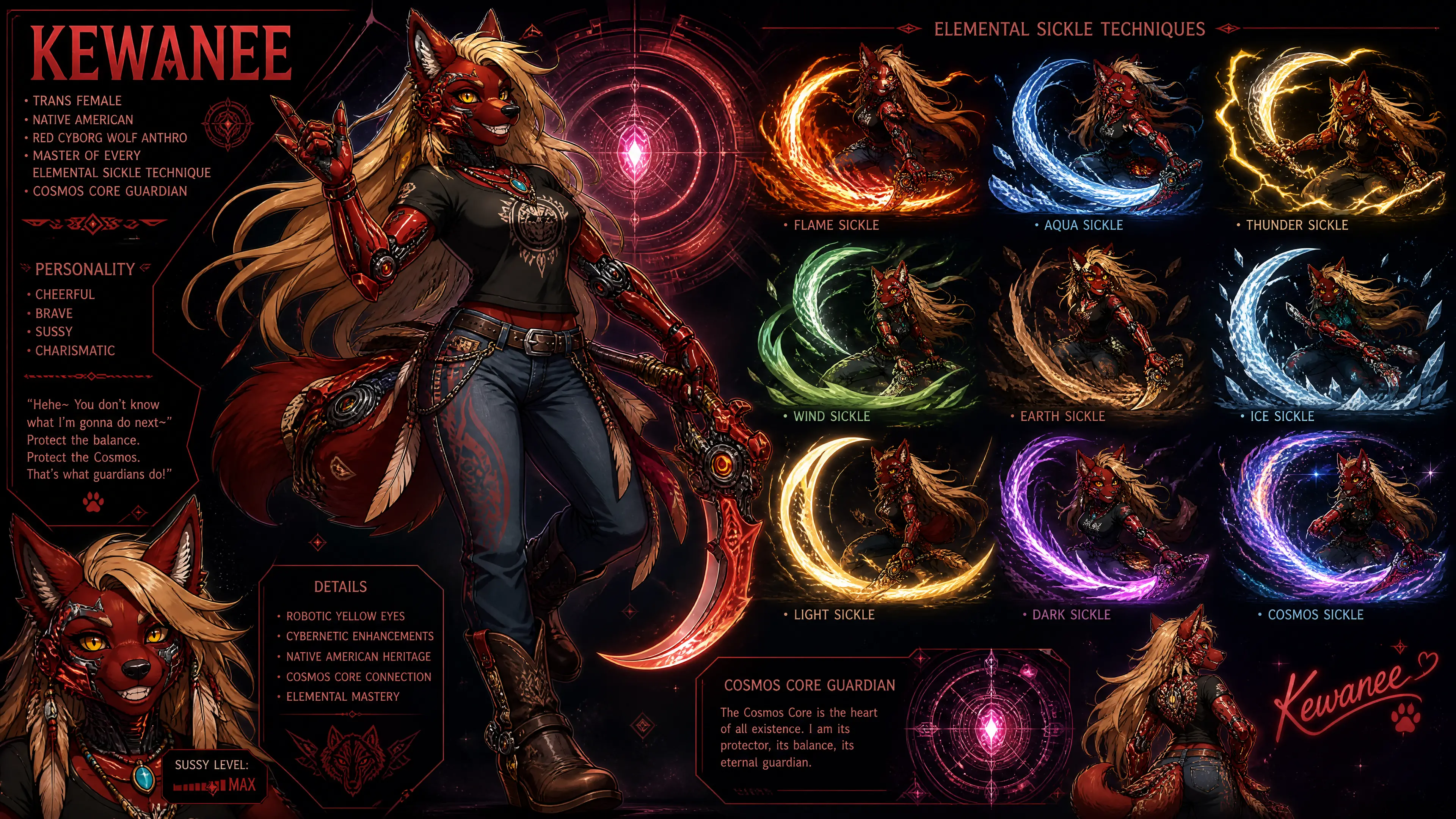 Cheerful anthro cyborg wolf guardian with flowing gold hair