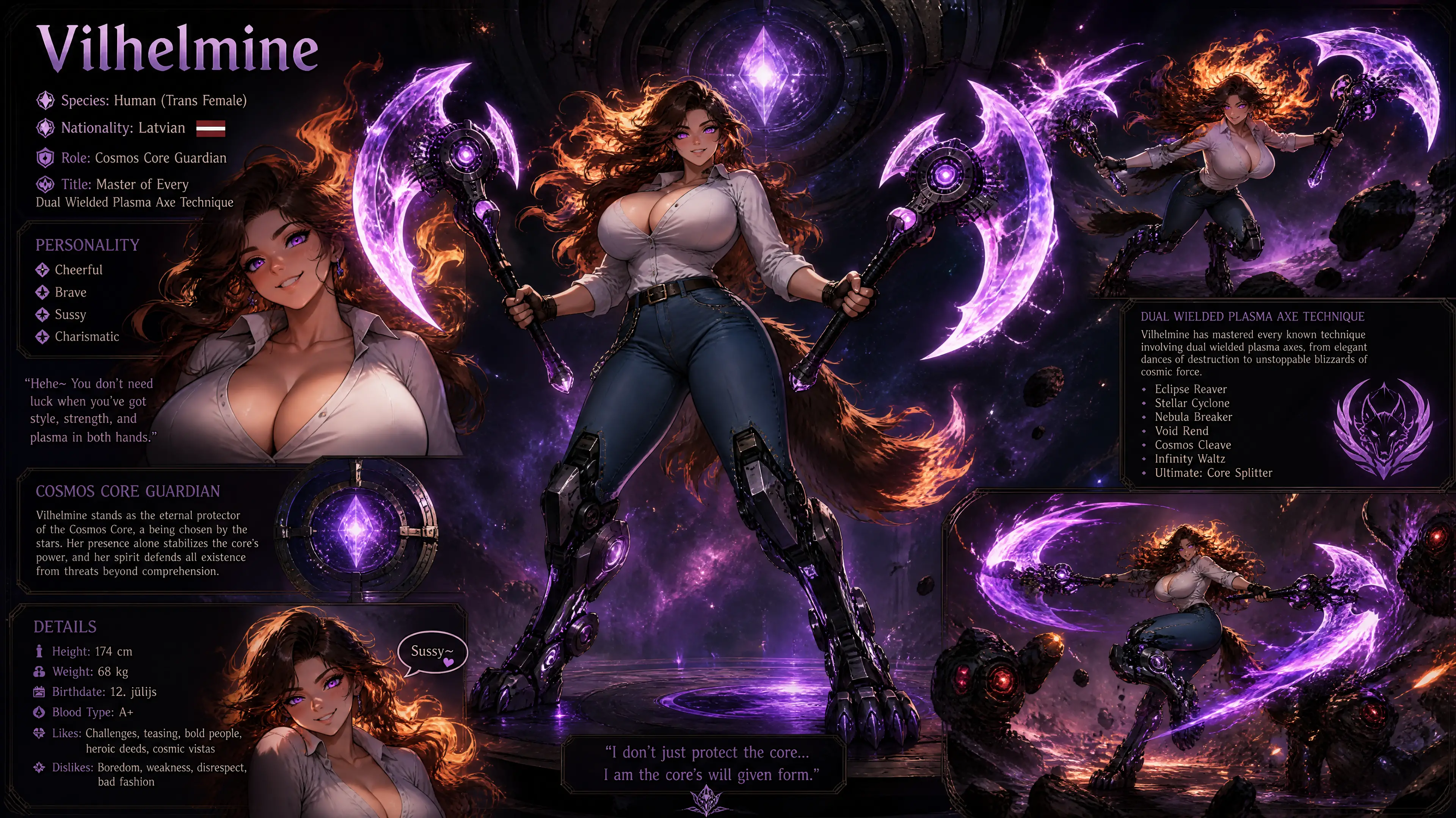 Brave cosmic woman with mechanical wolf legs and plasma axes