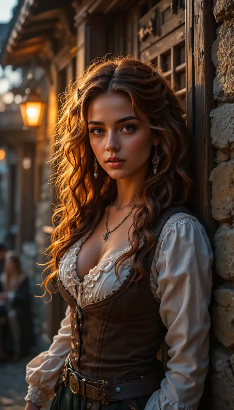 Female adventurer leaning in a twilight harbor tavern
