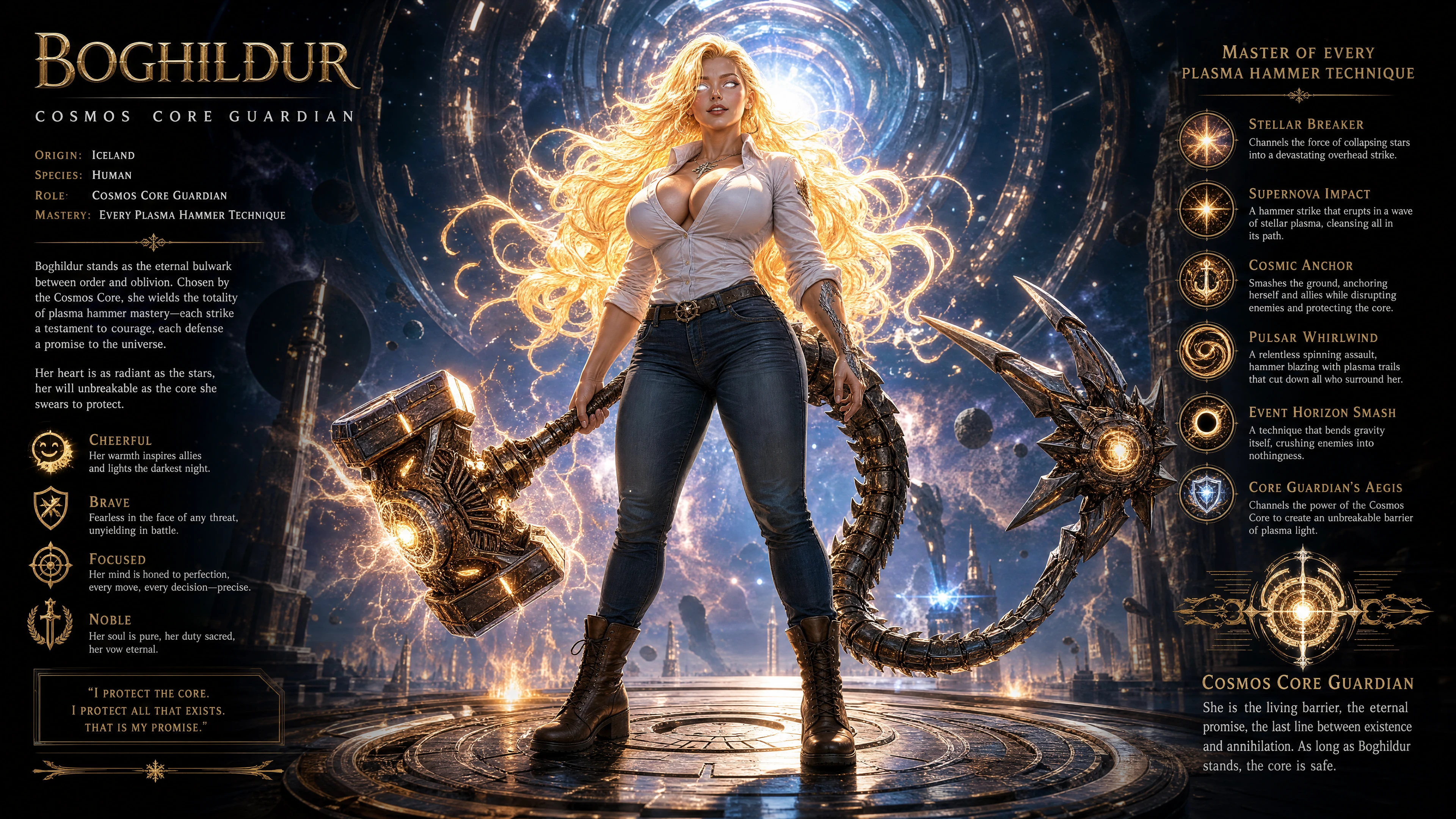 Brave cosmic warrior woman with flaming hair and eyes