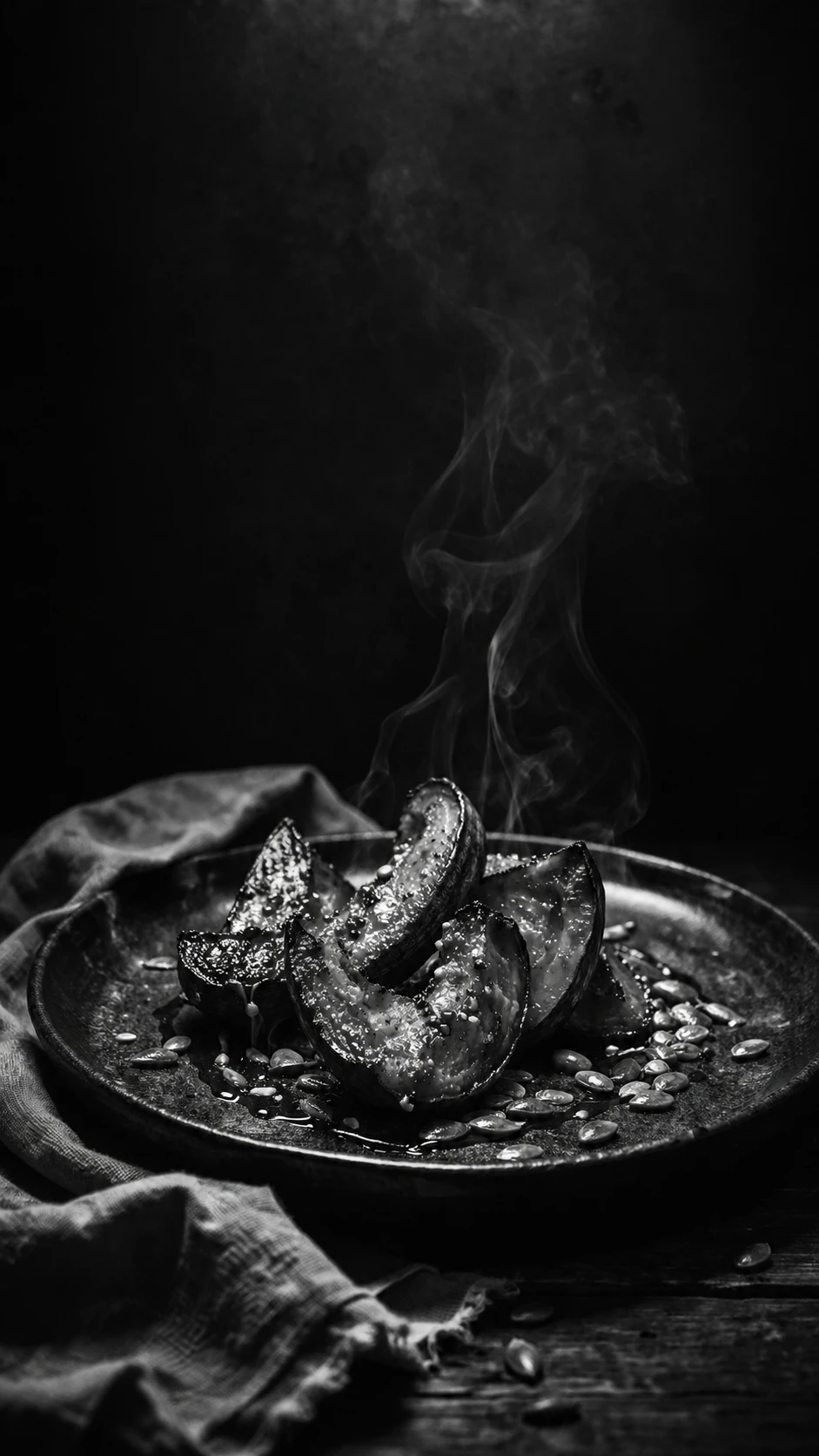 Dramatic Roasted Pumpkin Still Life In Black And White