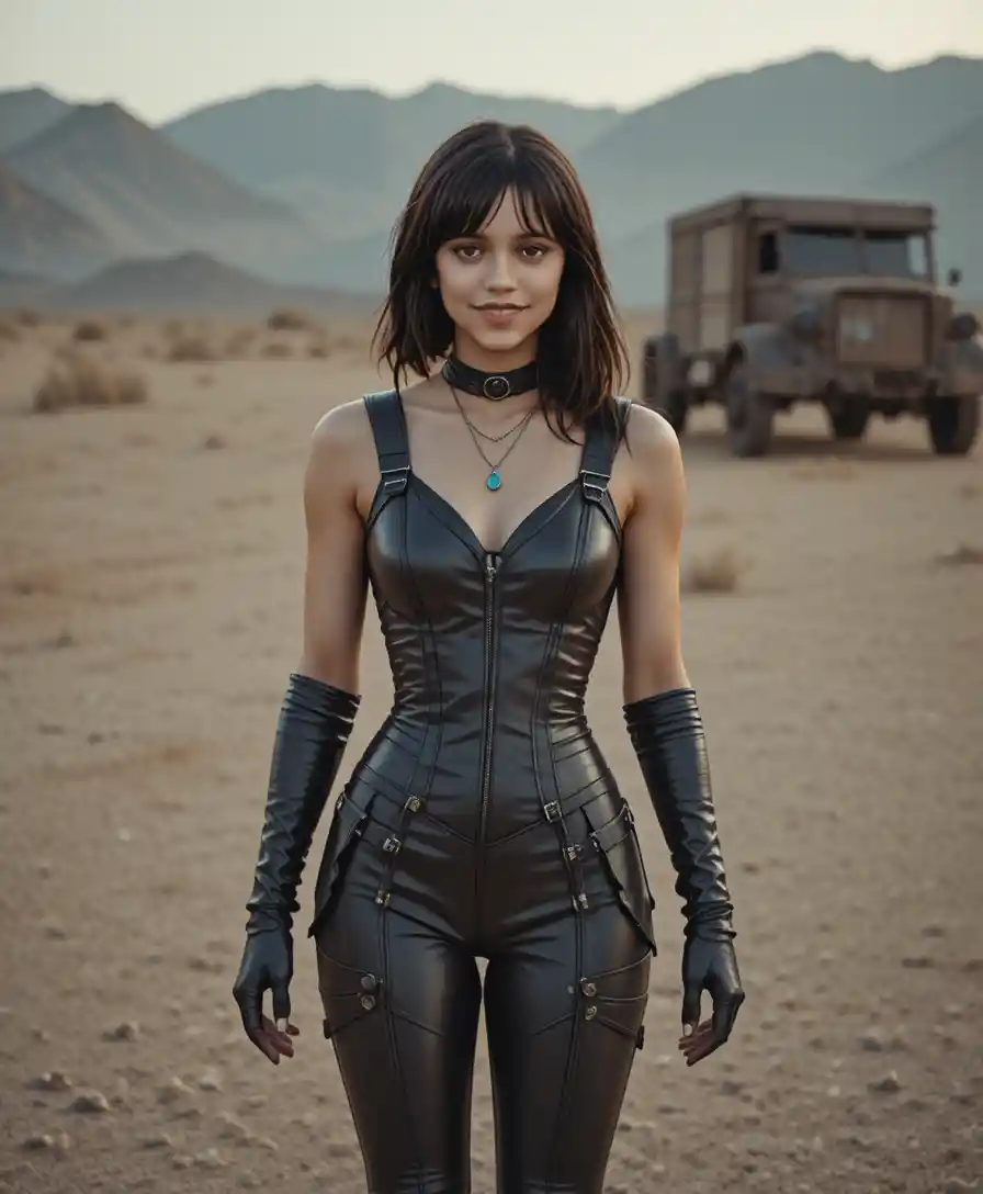 Woman in leather corset posing in desert at golden hour