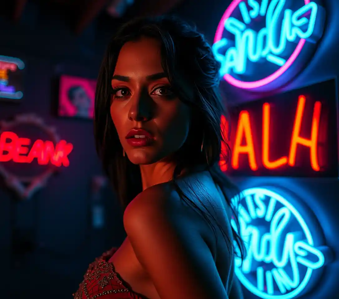 Surreal low angle portrait of a defiant alluring woman