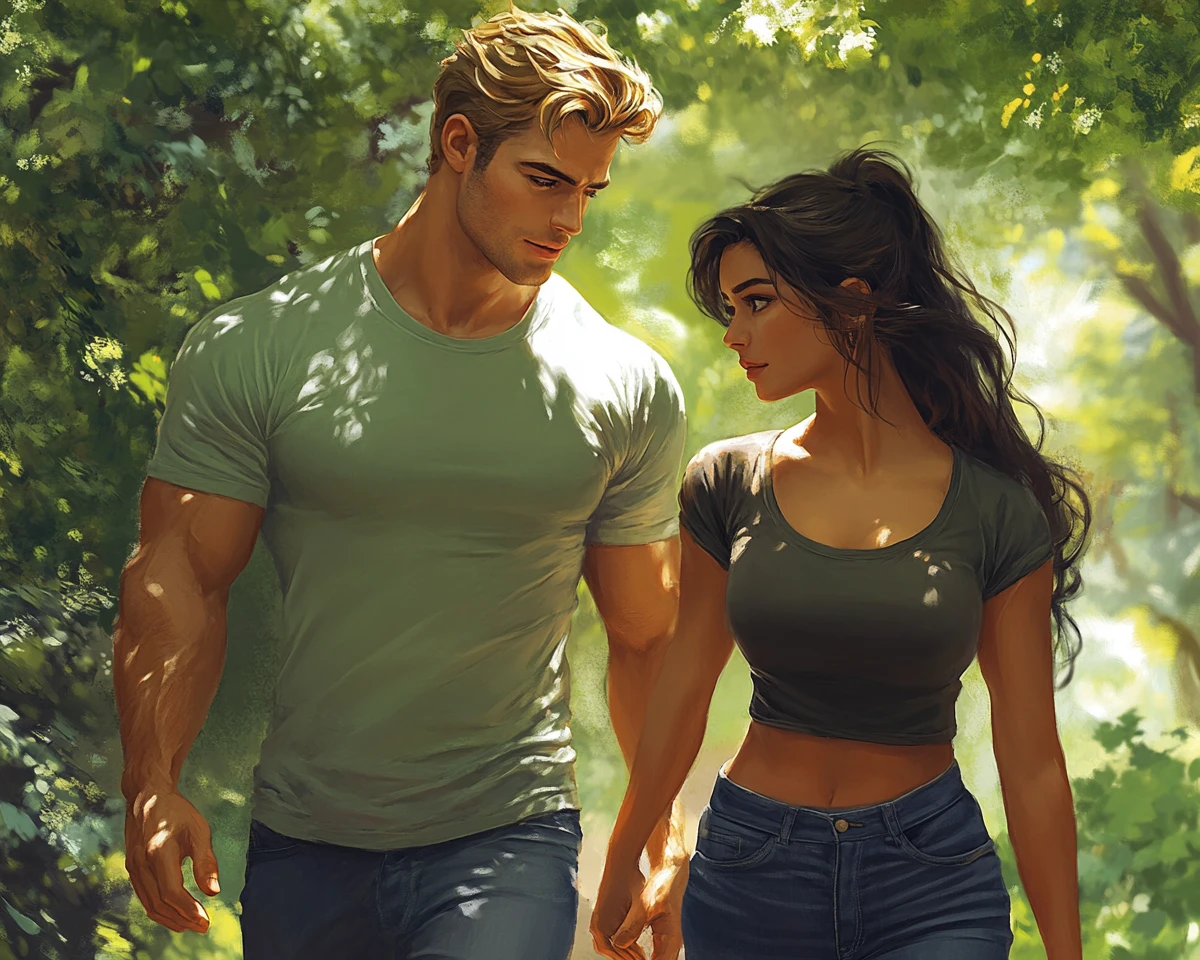 Romantic couple walking away through lush green countryside