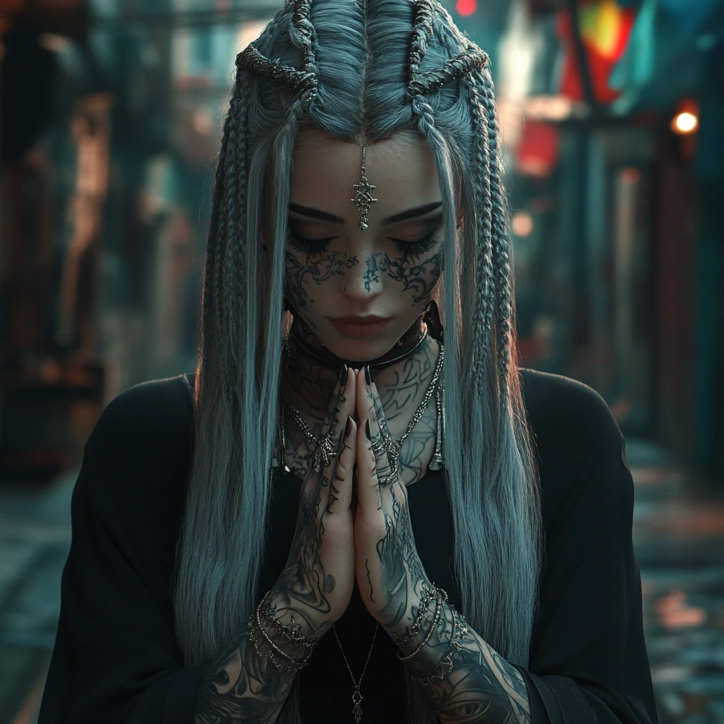 Young woman praying in a dark fantasy city alley