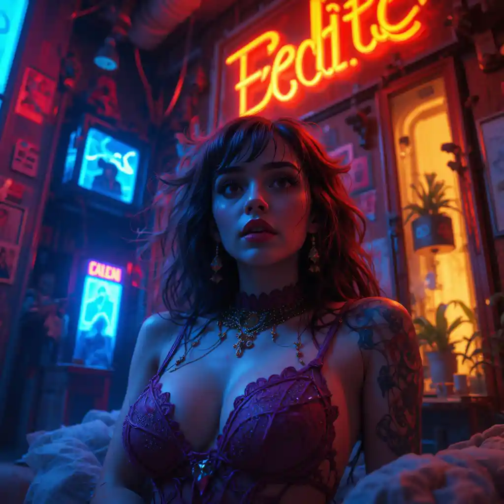 Surreal low angle portrait of a woman in eerie neon glow