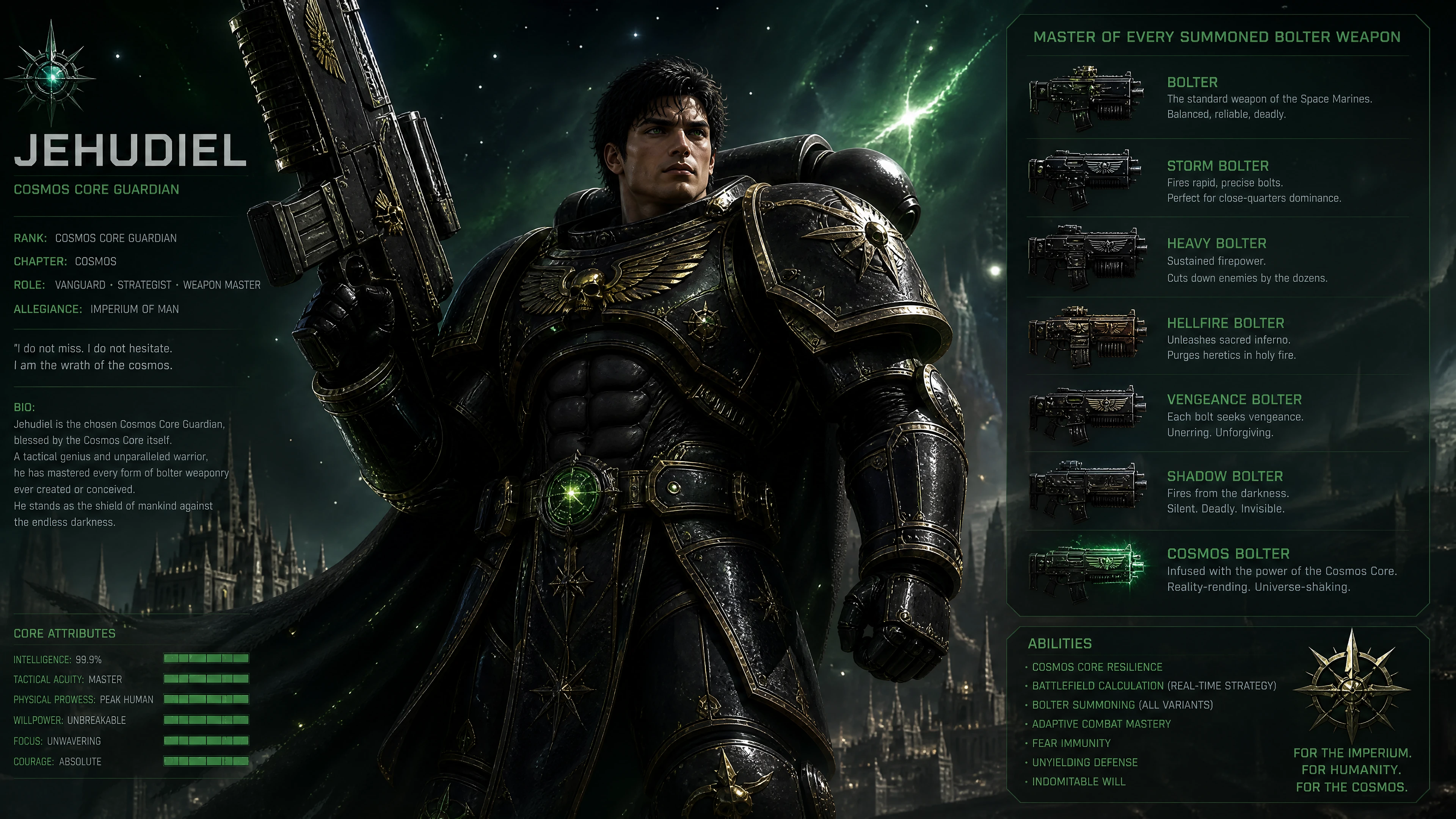 Armored space warrior with green eyes in cosmic armor
