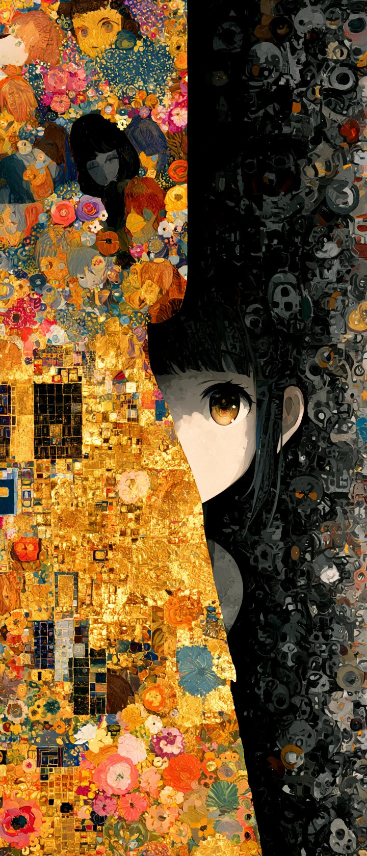 Chica de anime alegórica en tapiz dorado y símbolos oscuros
