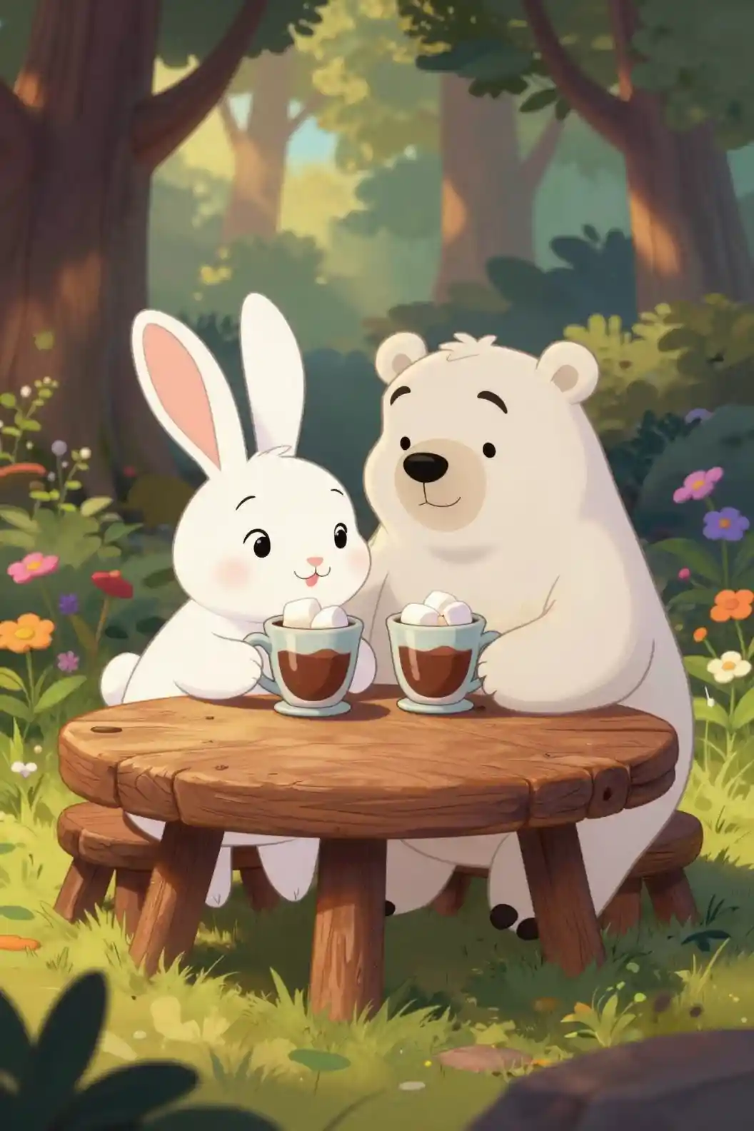 Cute rabbit and polar bear sharing hot chocolate
