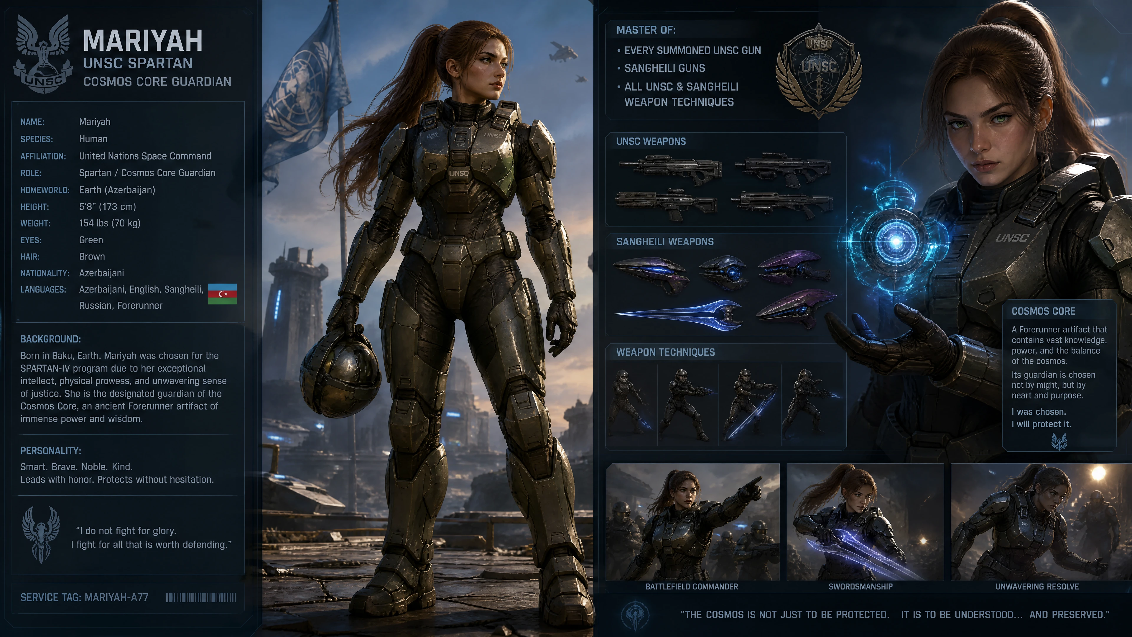 Armored sci fi woman warrior standing as cosmic guardian