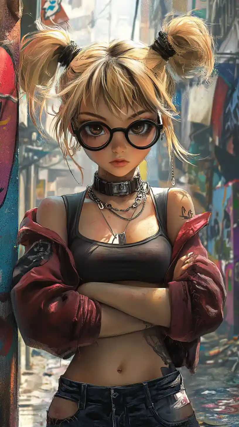 Anime girl in steampunk glasses in a gritty city alley