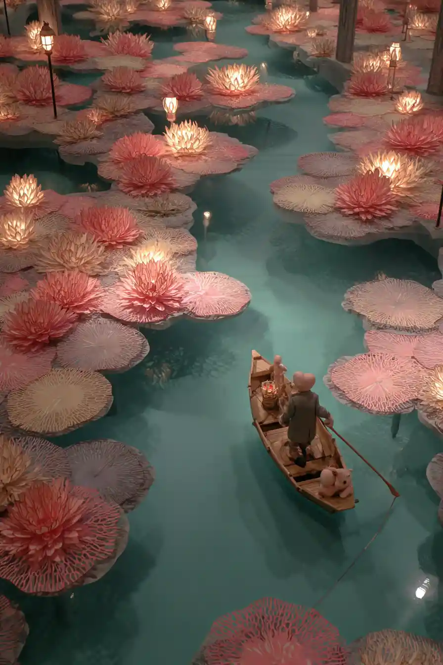 Enchanting canal city on giant lily pads with mice boats