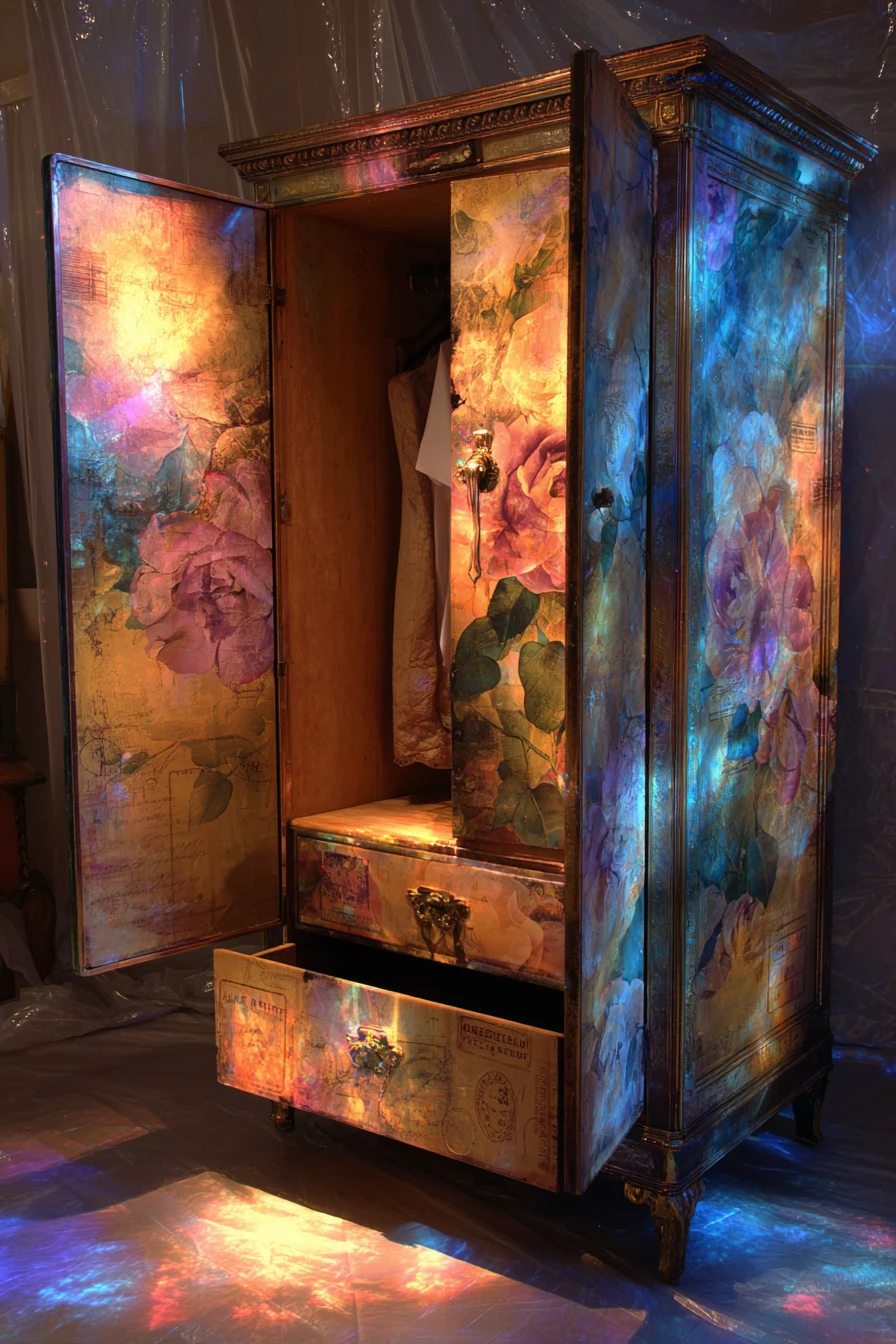 Victorian wardrobe with ancient trunks and petal motifs