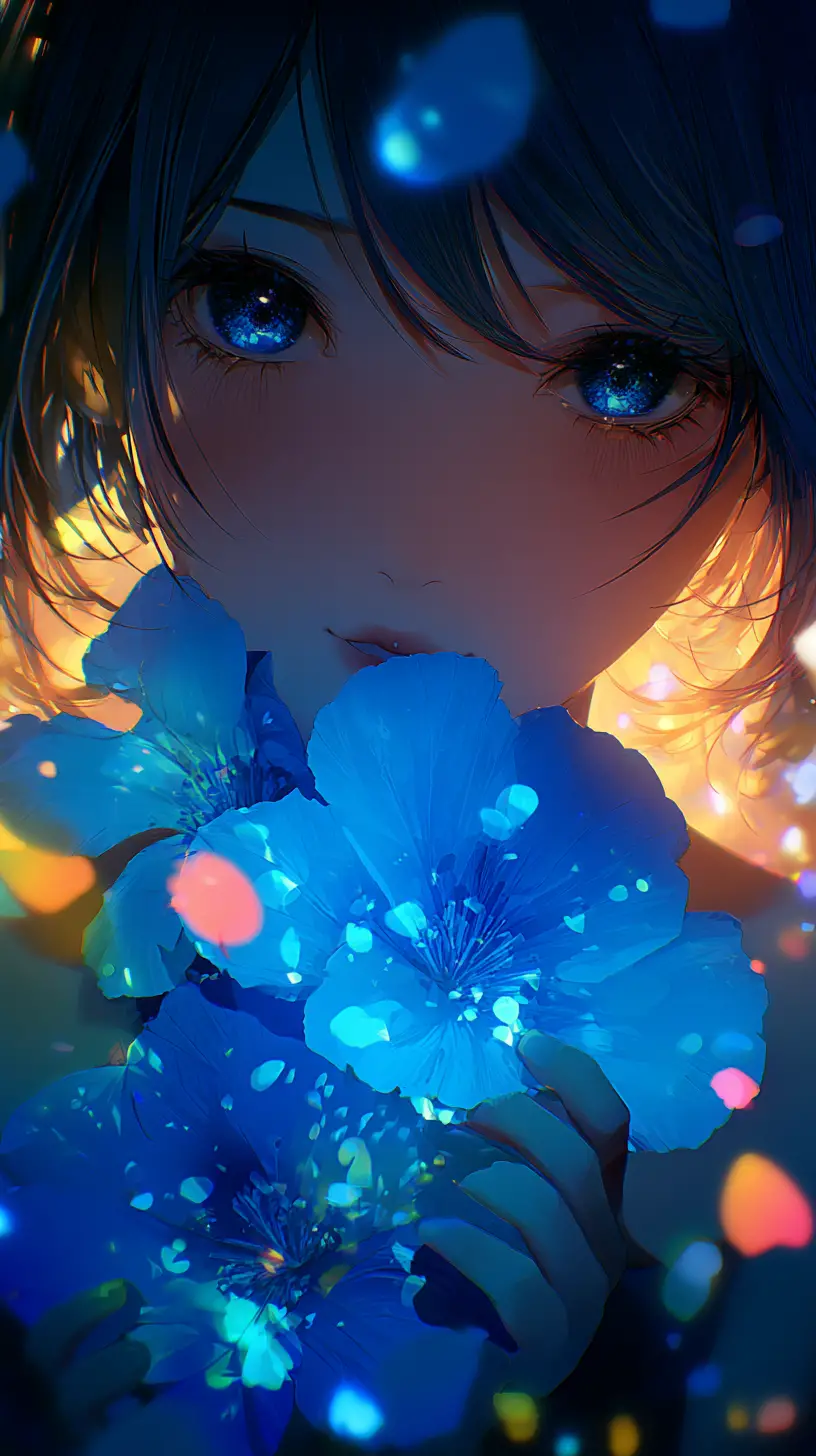 Anime girl with glowing blue flower in dreamy light