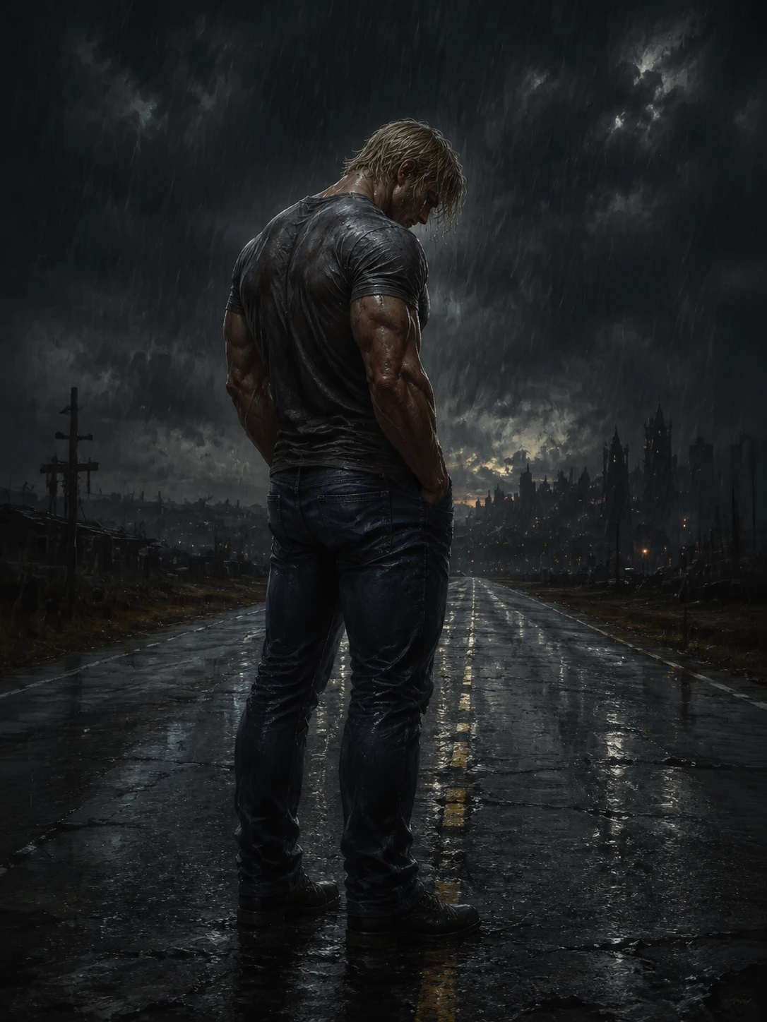 Hopeless muscular man standing alone on a rainy street