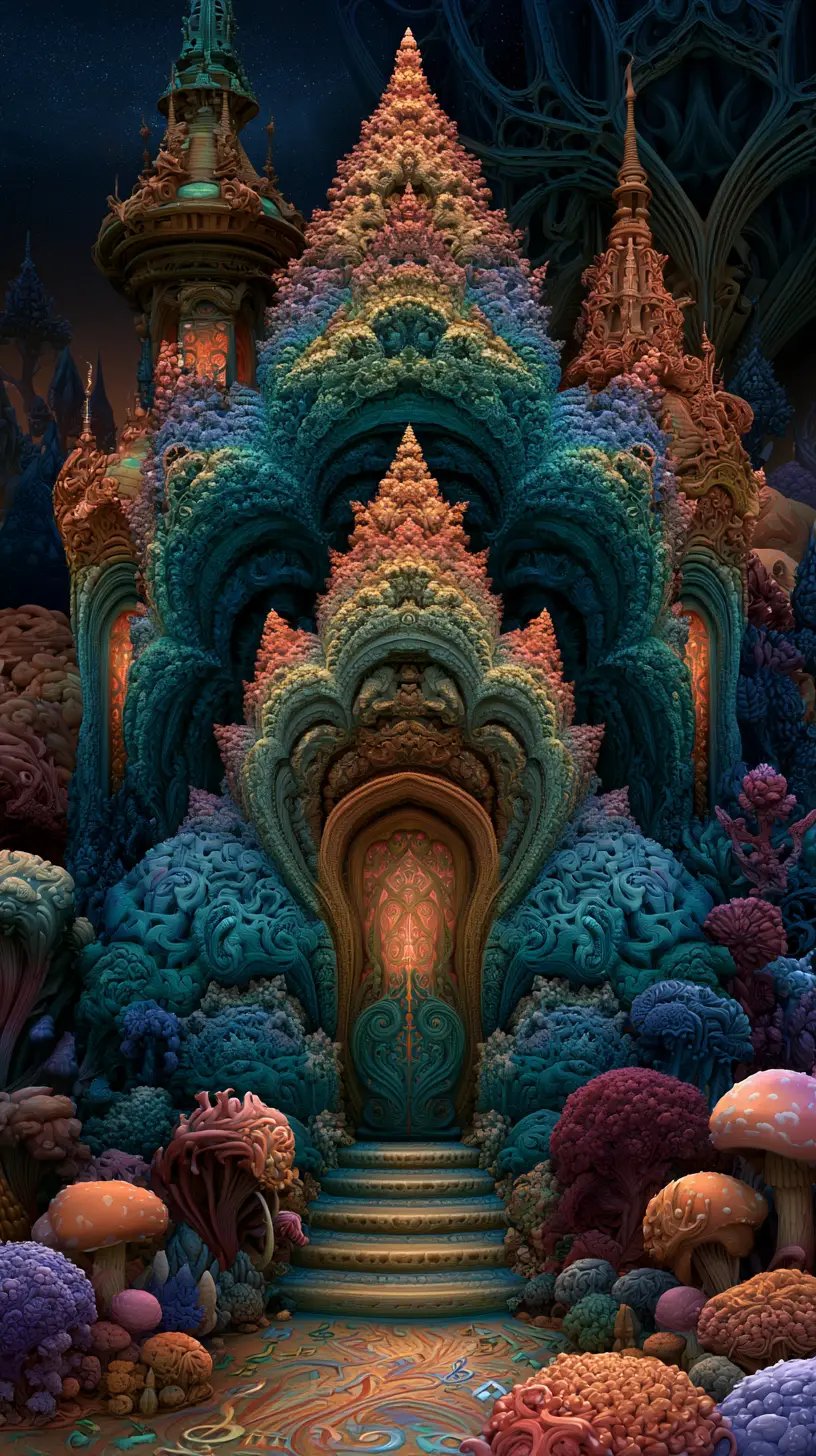Whimsical fractal house in a dreamy musical landscape