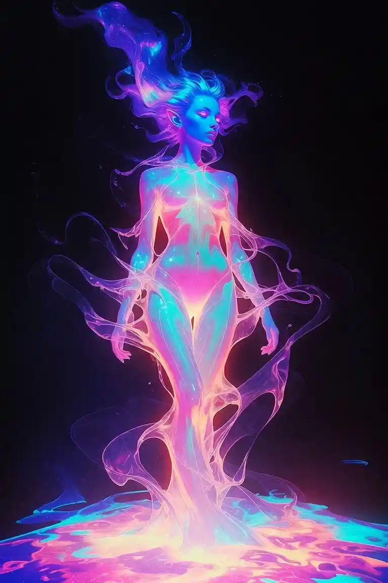 Mystical neon blue woman in flowing liquid light
