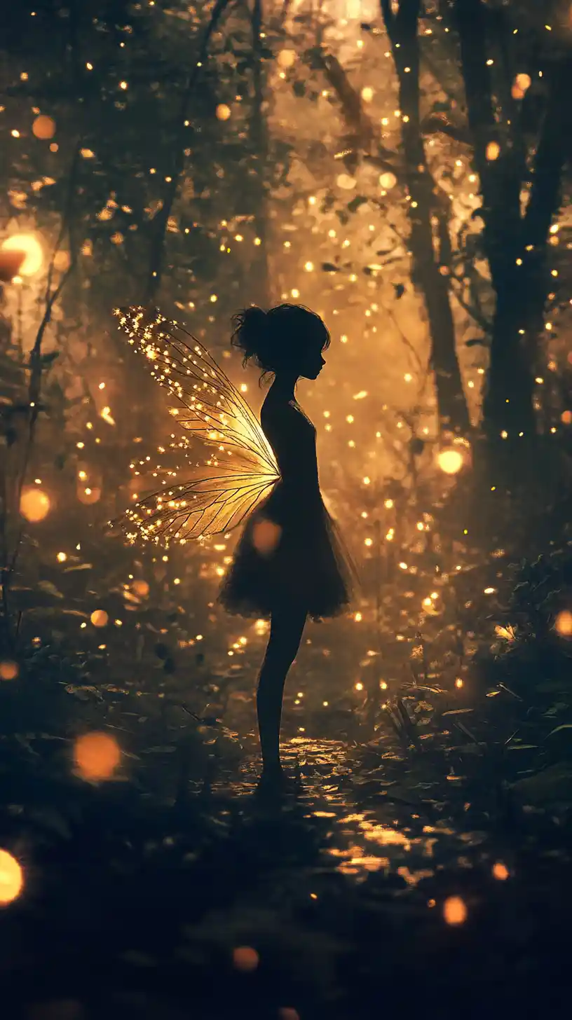 Backlit fairy silhouette on a candlelit enchanted forest floor