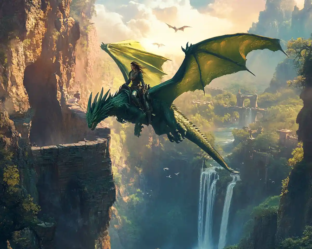 Dragon rider soaring through a lush hidden jungle canyon
