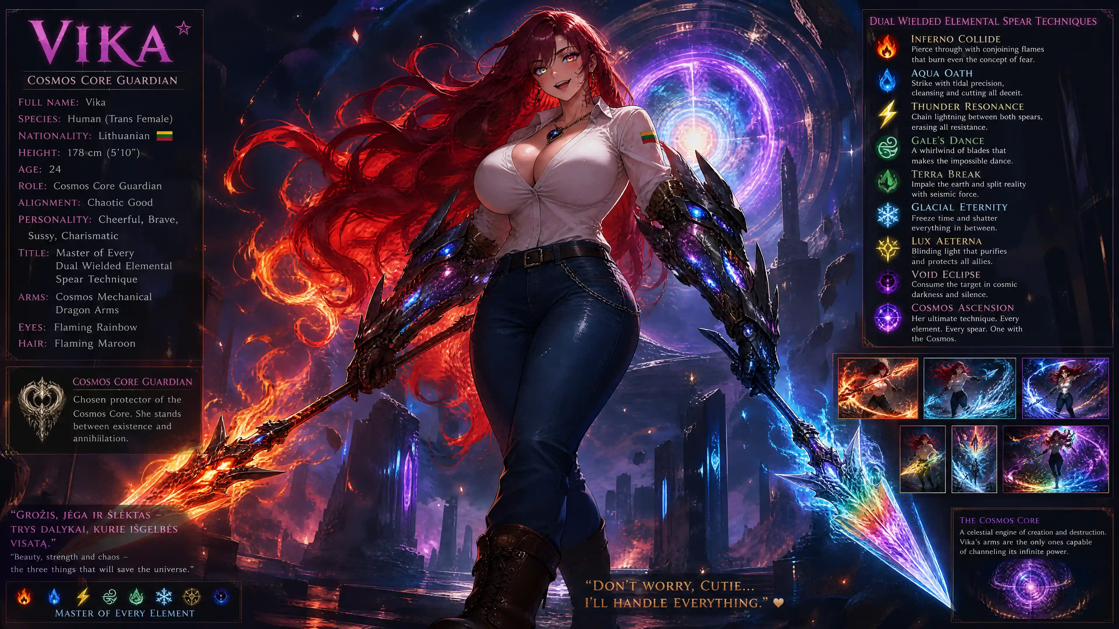 Cosmic guardian woman with mechanical dragon arms and flames