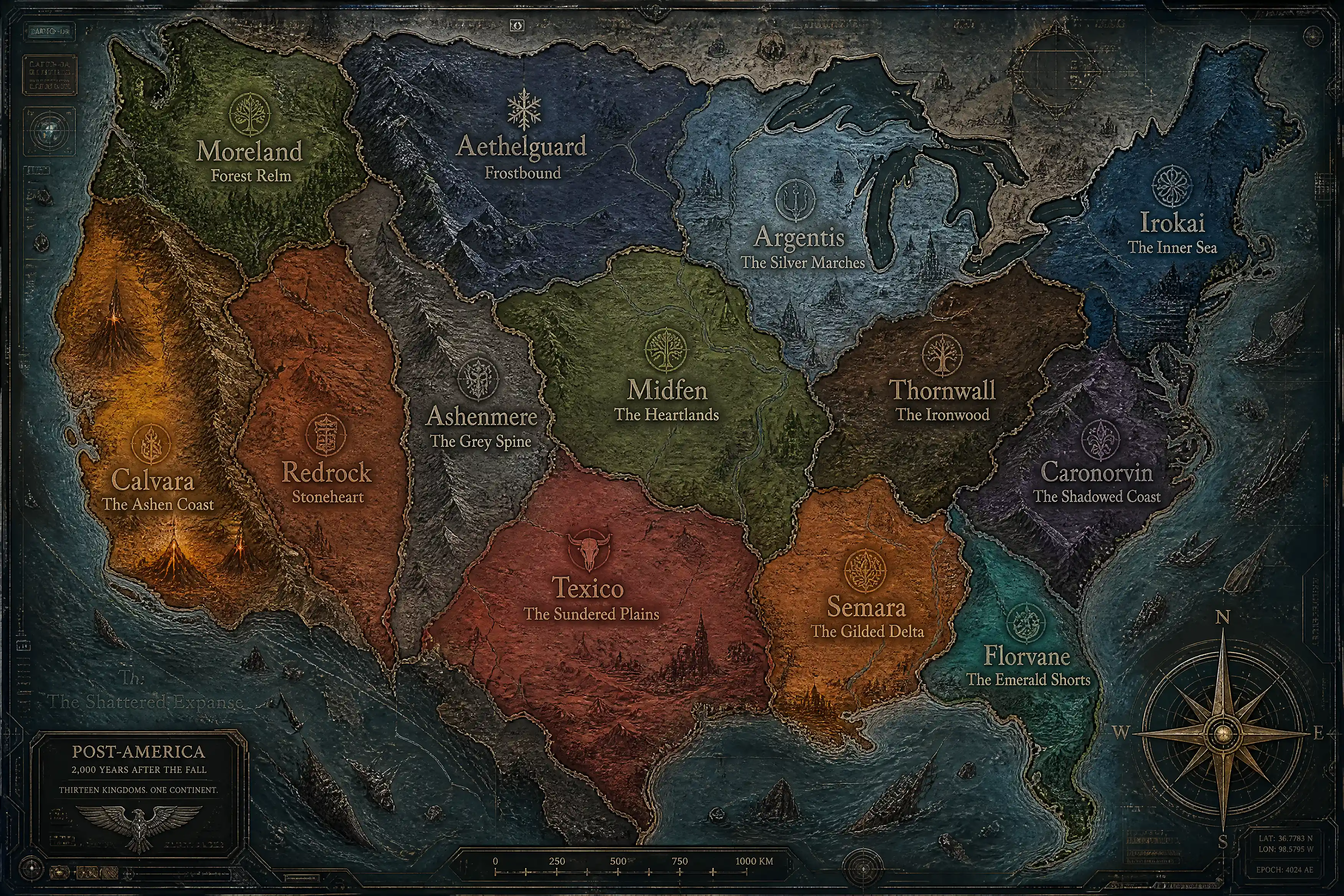 Hand drawn fantasy map of post apocalyptic North America