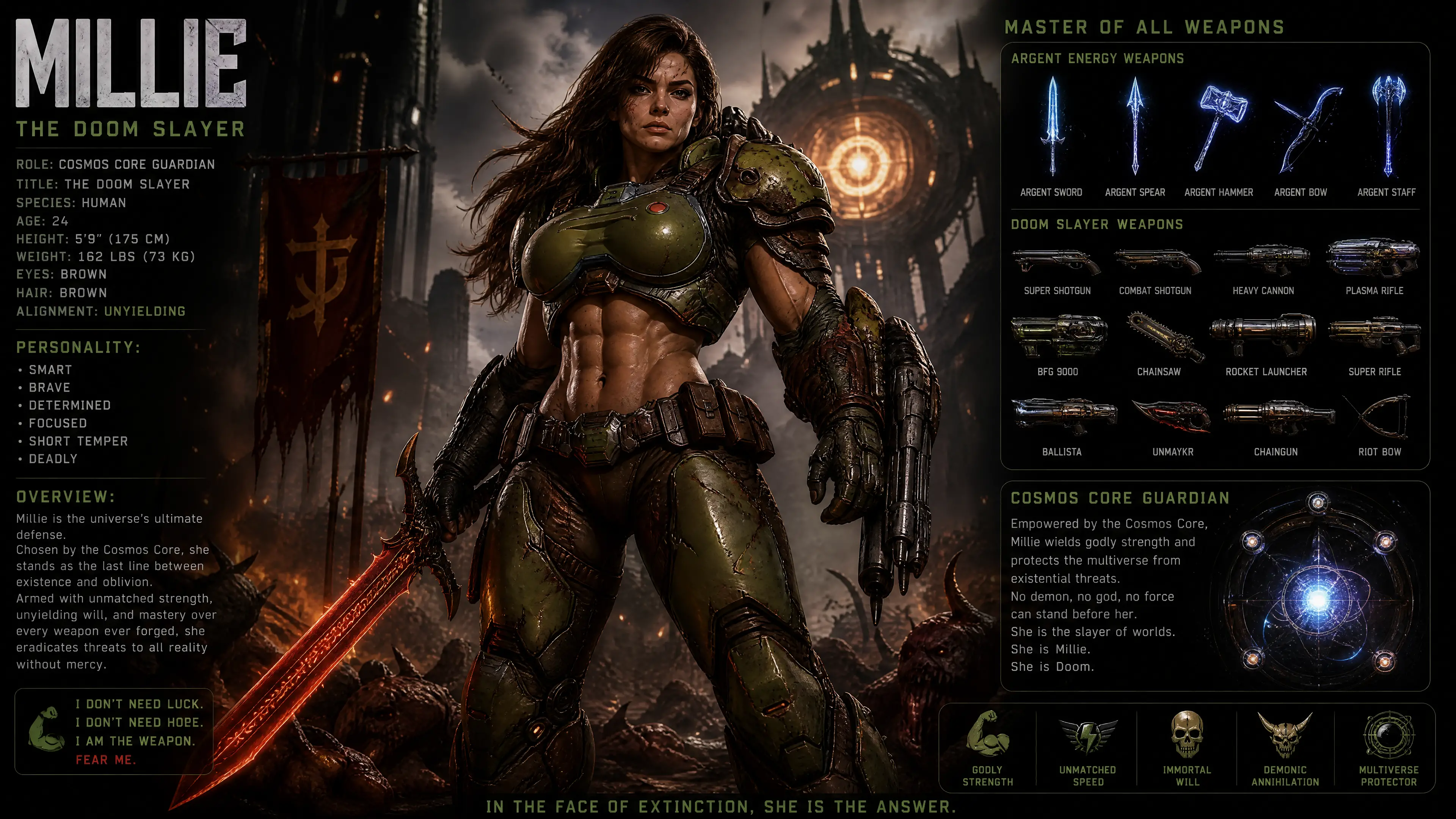 Armored warrior woman with cosmic doom slayer power