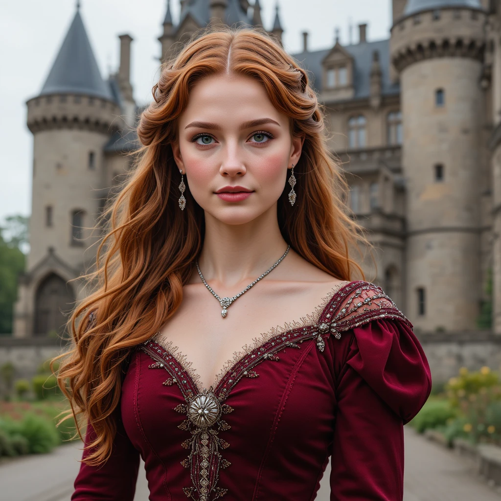 Young duchess in red dress standing before her castle