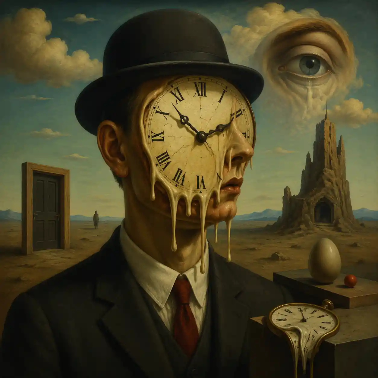 Surreal man with clock face in a melting desert landscape