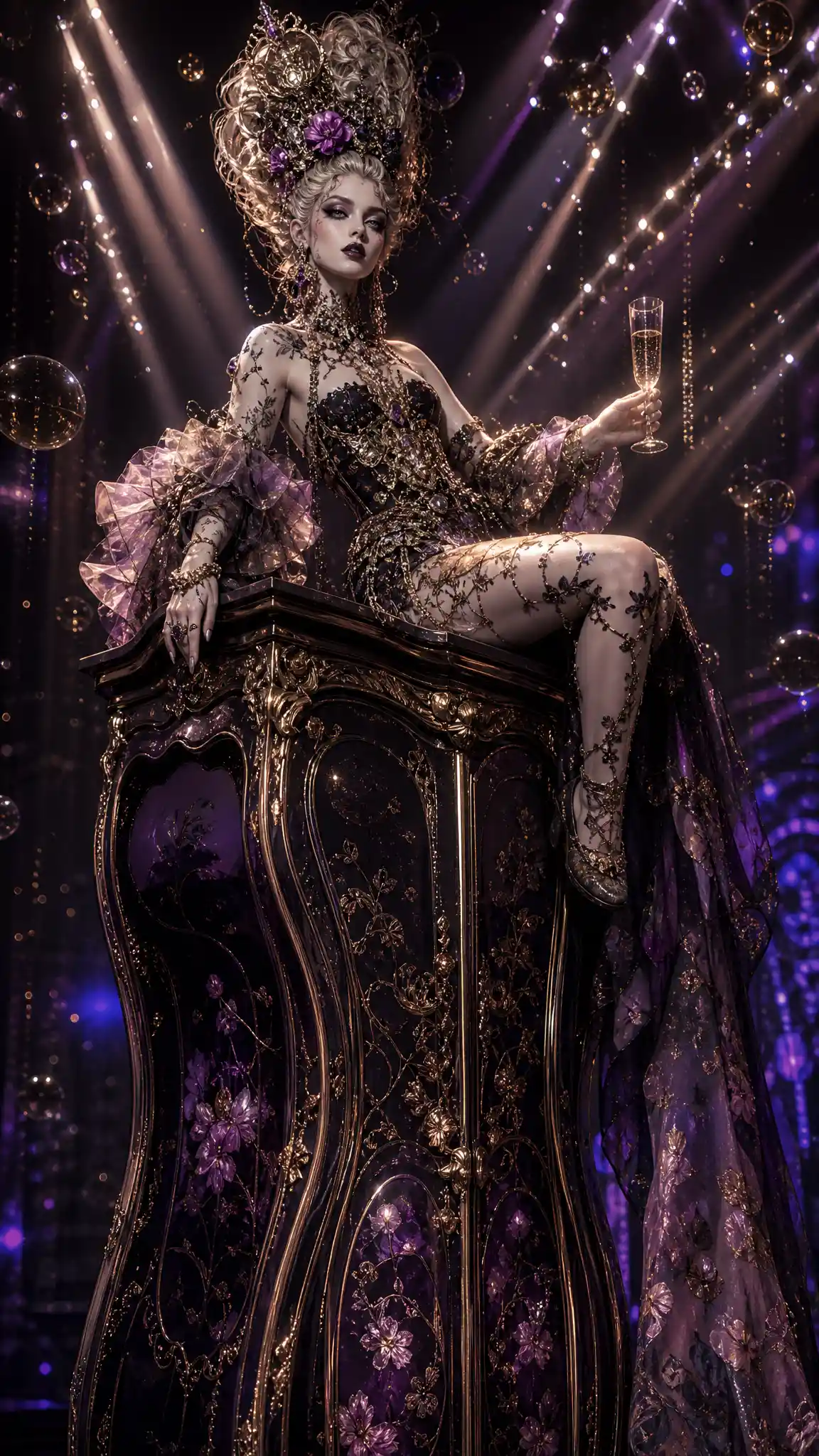 Regal woman posing atop armoire in dramatic fantasy fashion