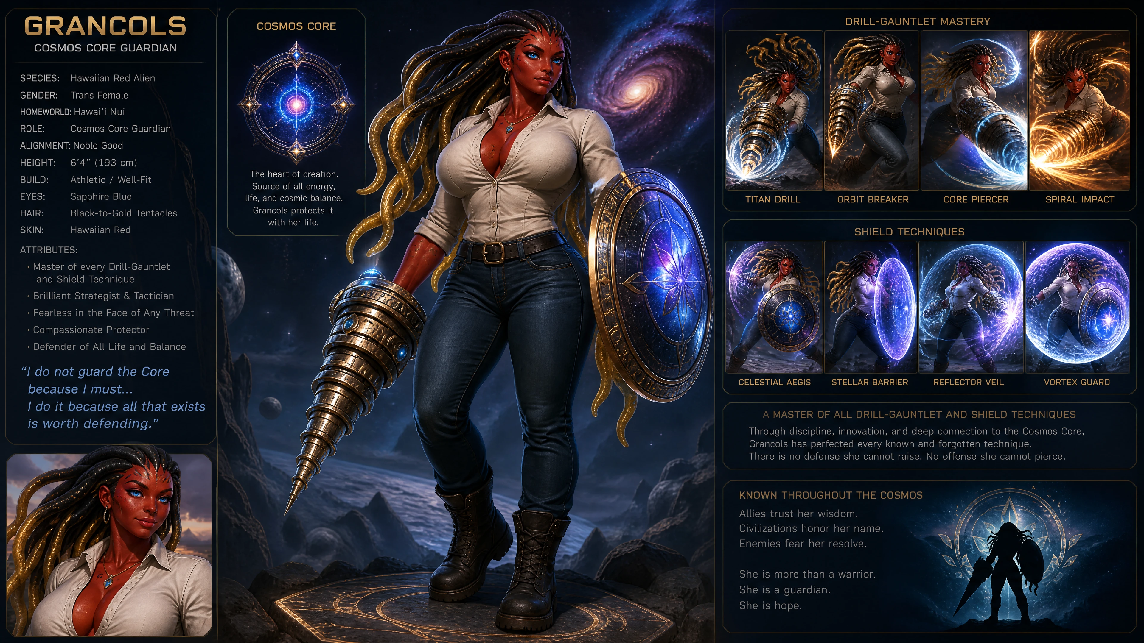 Trans female alien guardian with tentacle hair in cosmic space