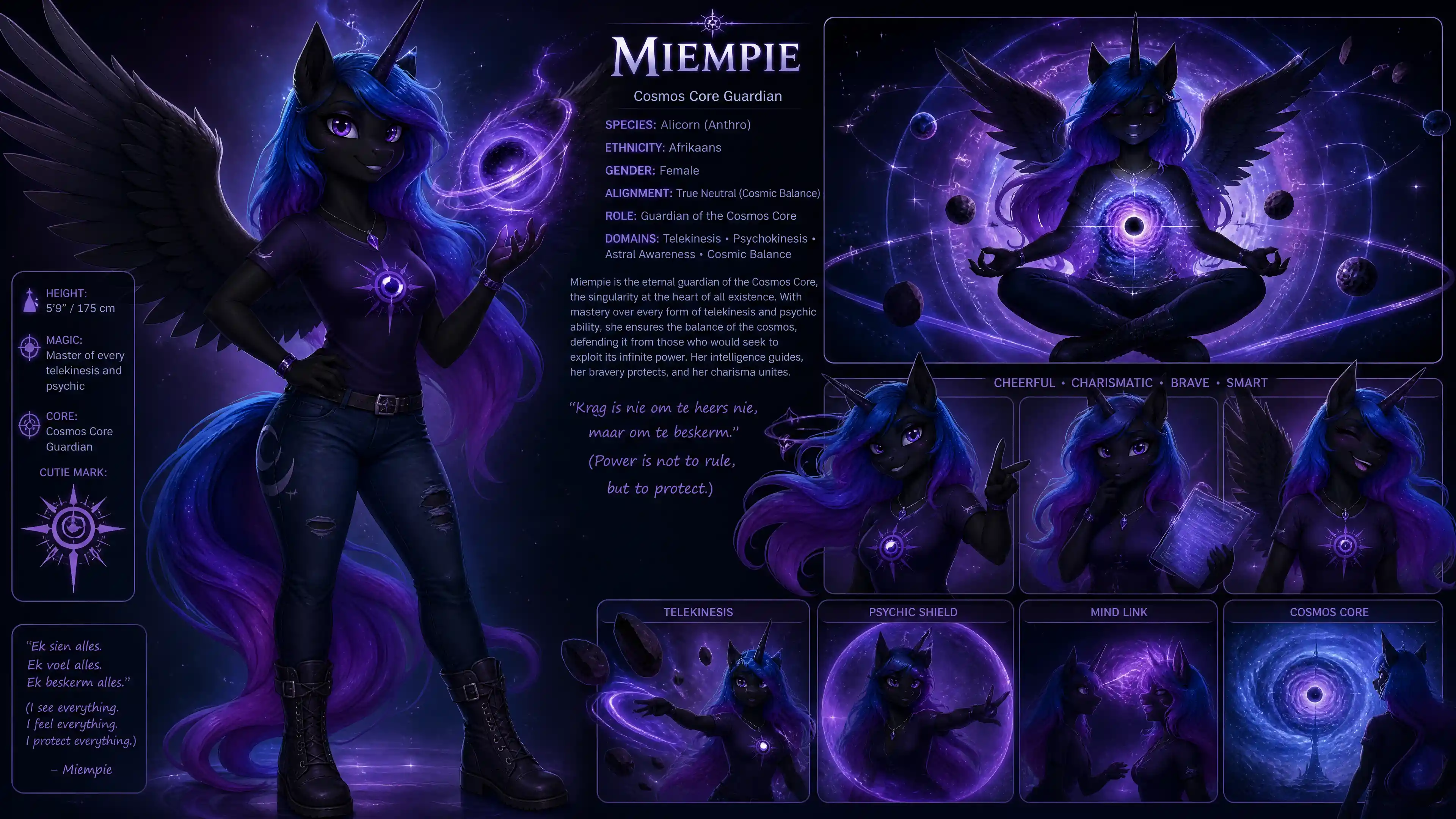 Winged black alicorn woman with cosmic aura in casual clothes