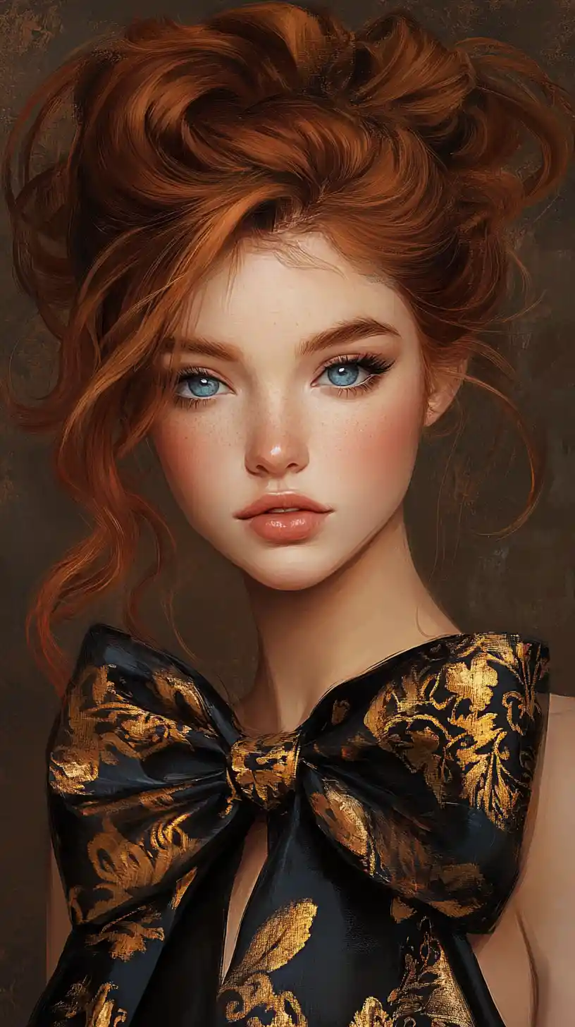 Elegant anime woman with curly auburn bun and gold bow