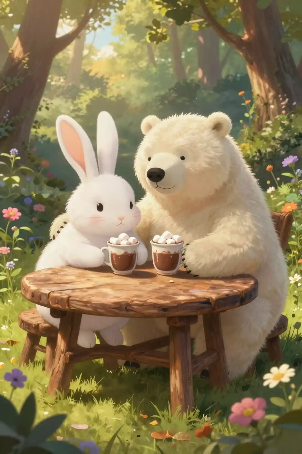 Cute rabbit and polar bear sharing hot chocolate outdoors