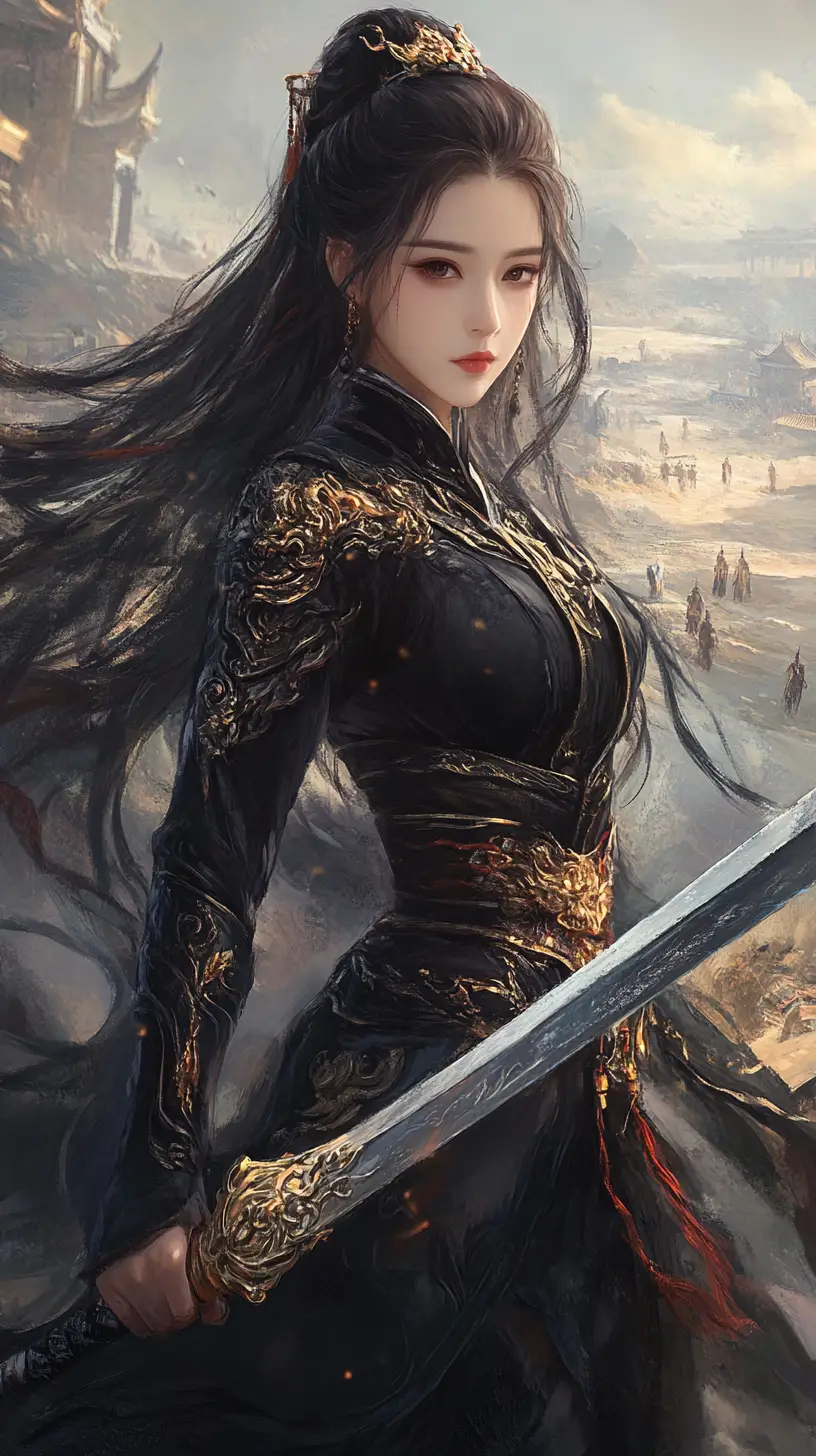 Elegant female warrior on an ancient battlefield at dusk