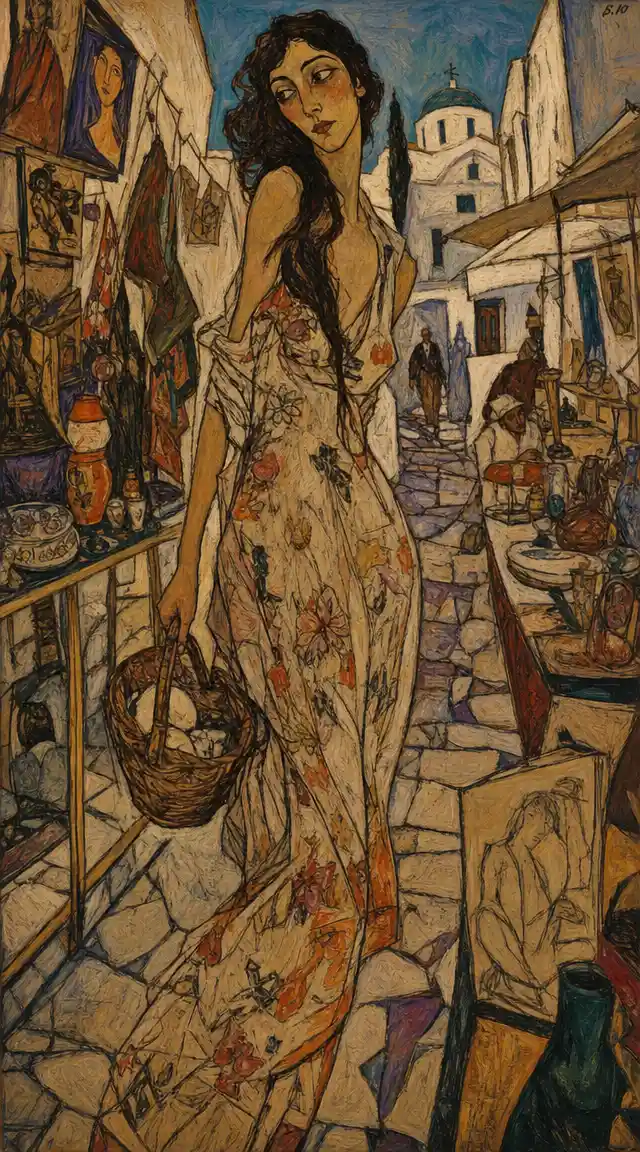 Young woman walking along a Greek cobblestone street