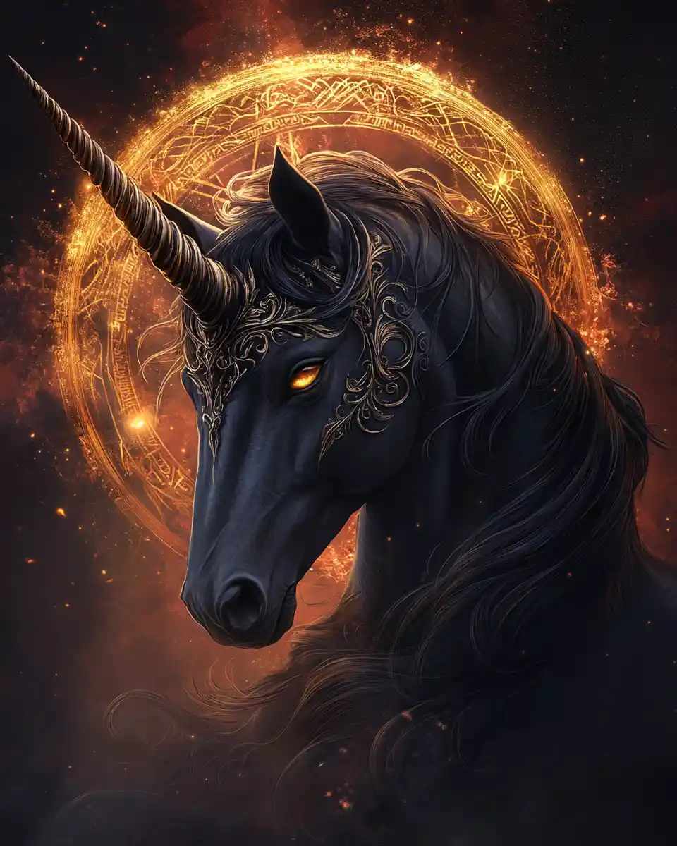 Dark fantasy portrait of a regal black unicorn