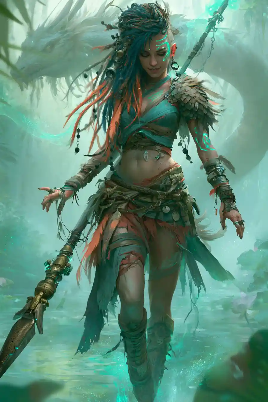 Floating tribal huntress above a misty jungle river