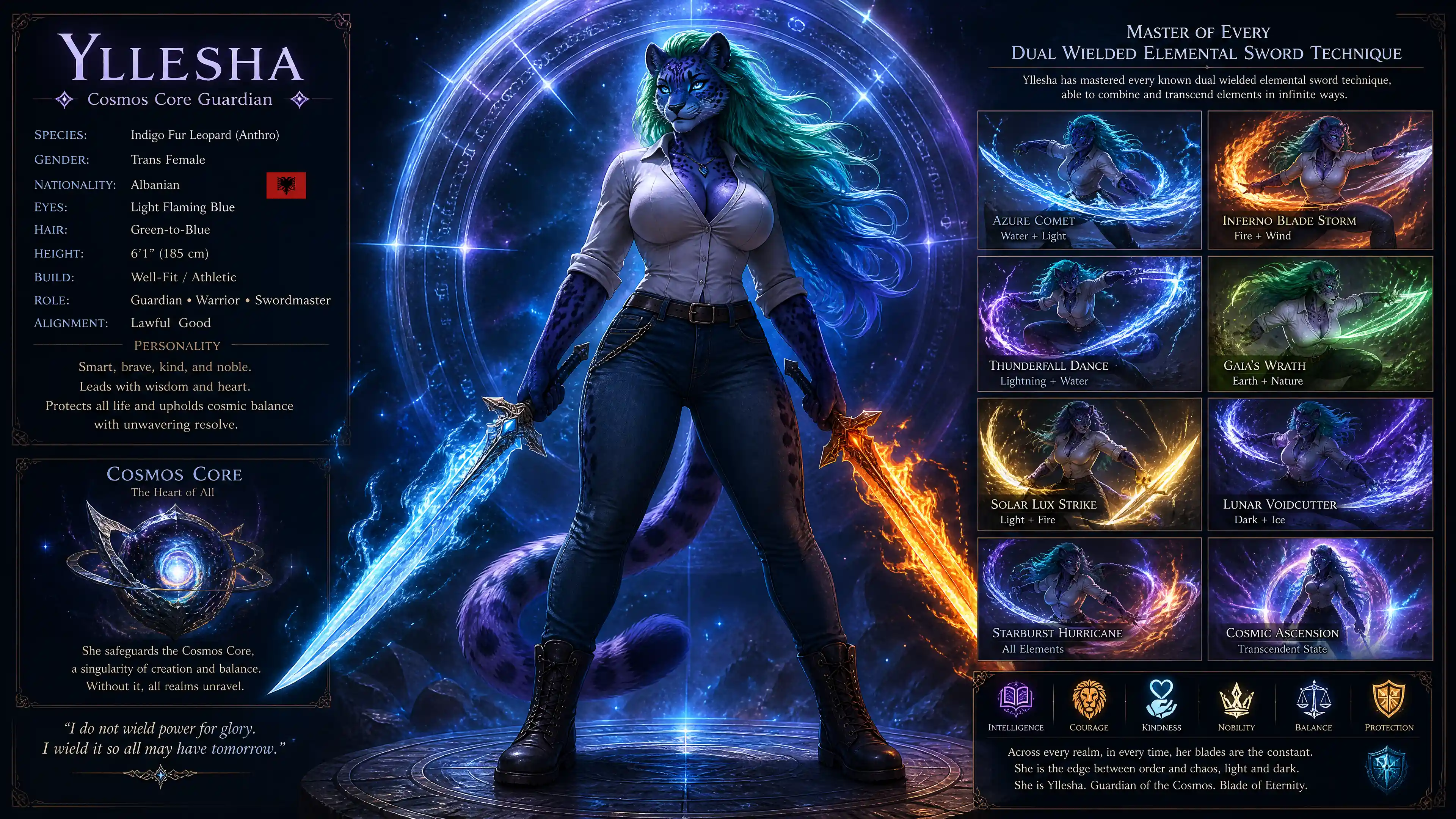 Indigo leopard warrior woman with elemental swords in cosmos
