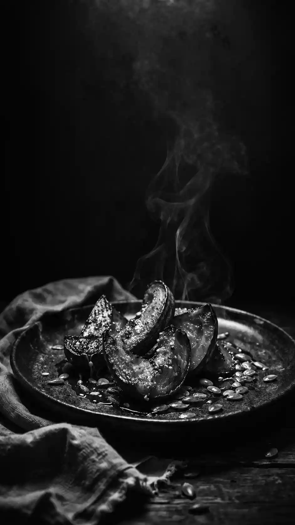 Dramatic Roasted Pumpkin Still Life In Black And White