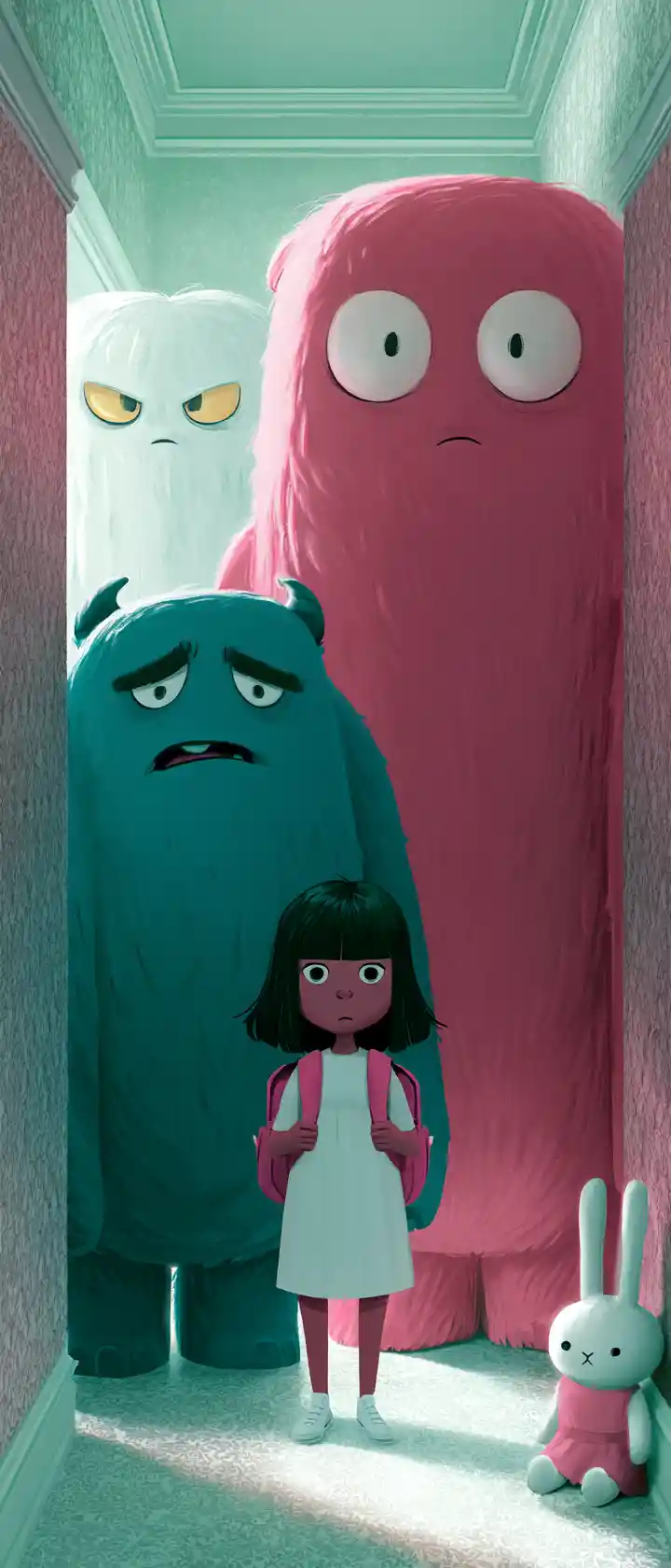 Young girl with backpack between two large monsters