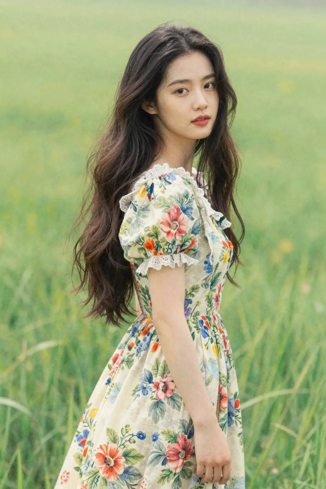 Ethereal woman in floral dress standing in a green field